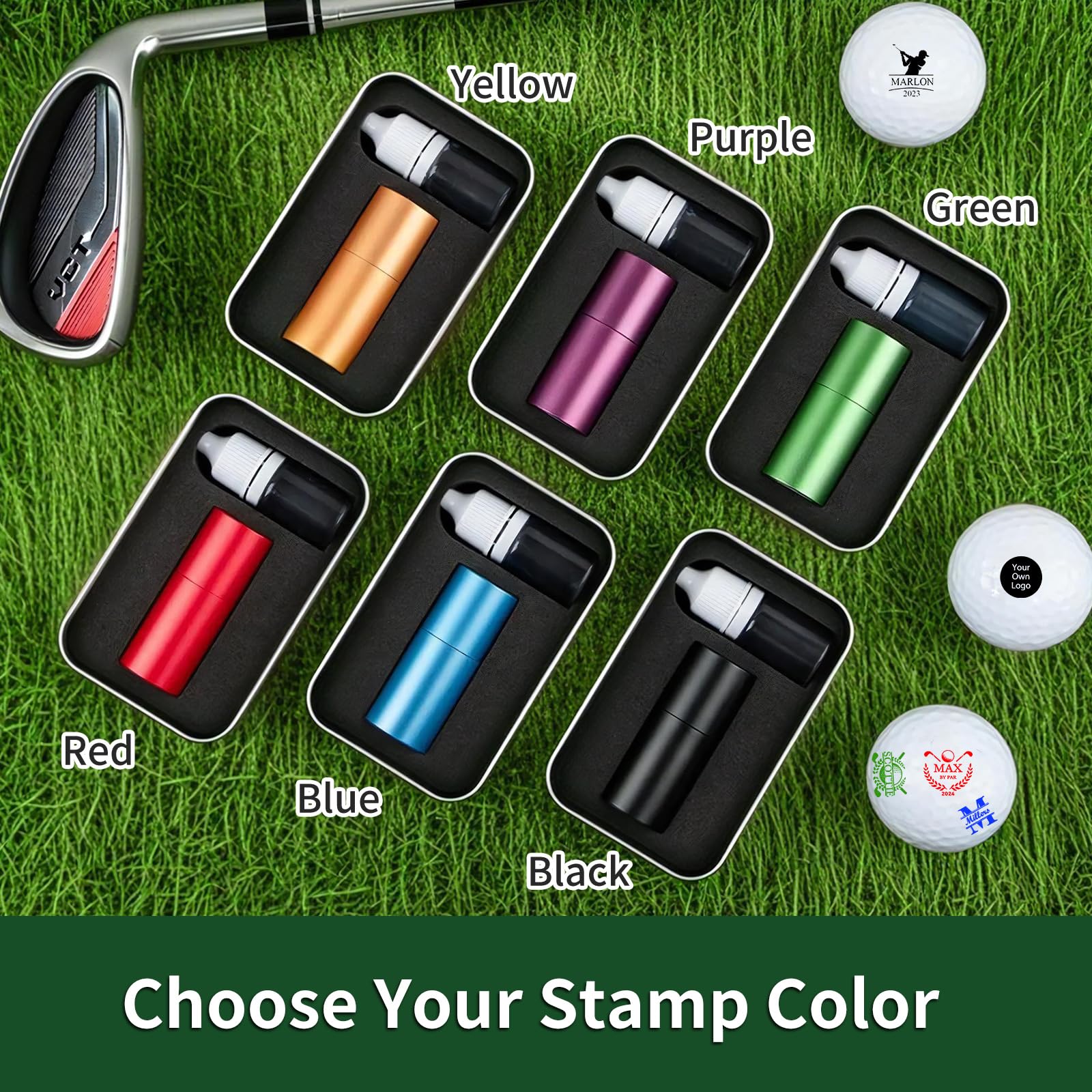 Sello de pelota de golf personalizado con estuche de almacenamiento de metal, marca reutilizable