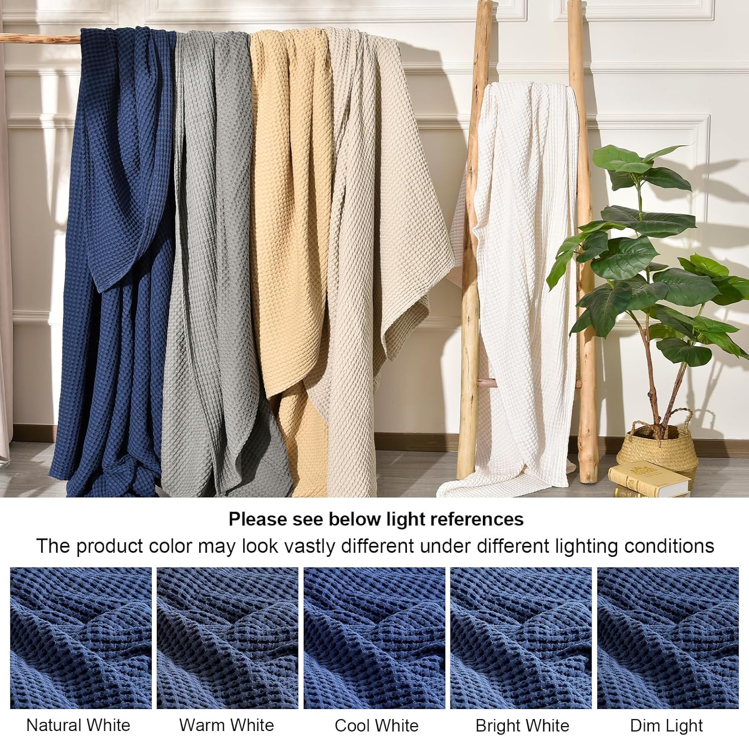 PHF 400GSM 100% Washed Cotton Waffle Weave Blanket, Cozy Breathable Skin-Friendly Throw King Size for All Season, Luxury Fall Layer Bedspread for Couch Bed, Elegant Home Decor,Navy Blue, 104"x90"