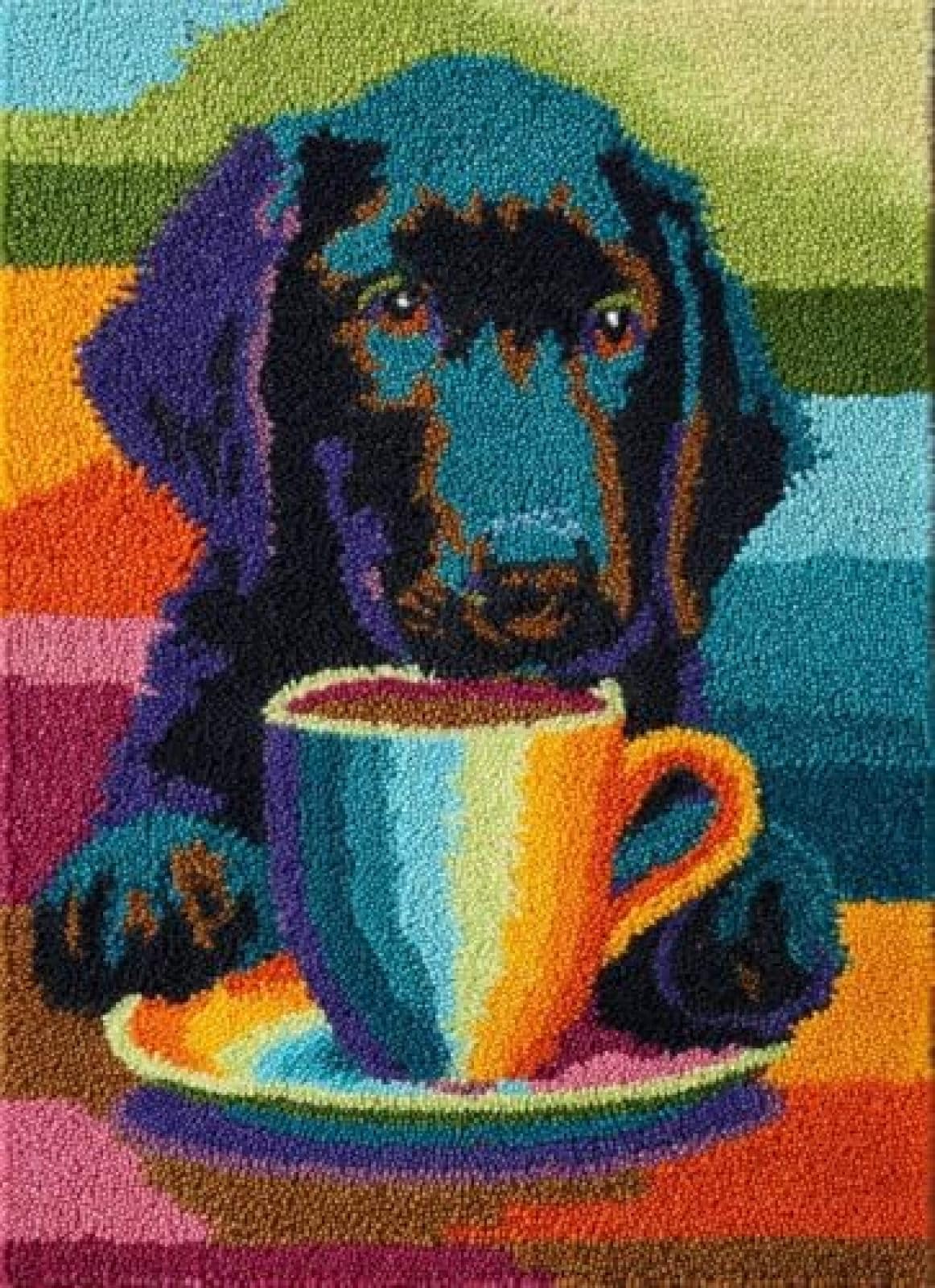 XDEGHUANGSS Latch Hook Rug Kit Flat-Coated Retriever Puppy Drink Coffee Cushion Cover DIY Craft Set Pre-Printed Mat 38x52cm for Home Decor-3