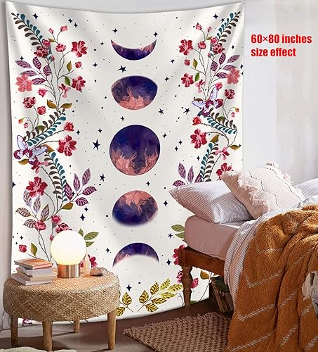 Miniatura 3 de Lifeel - Tapiz de jardín con luz de luna, fase lunar rodeada de vides y flores, tapiz negro para decoración de pared