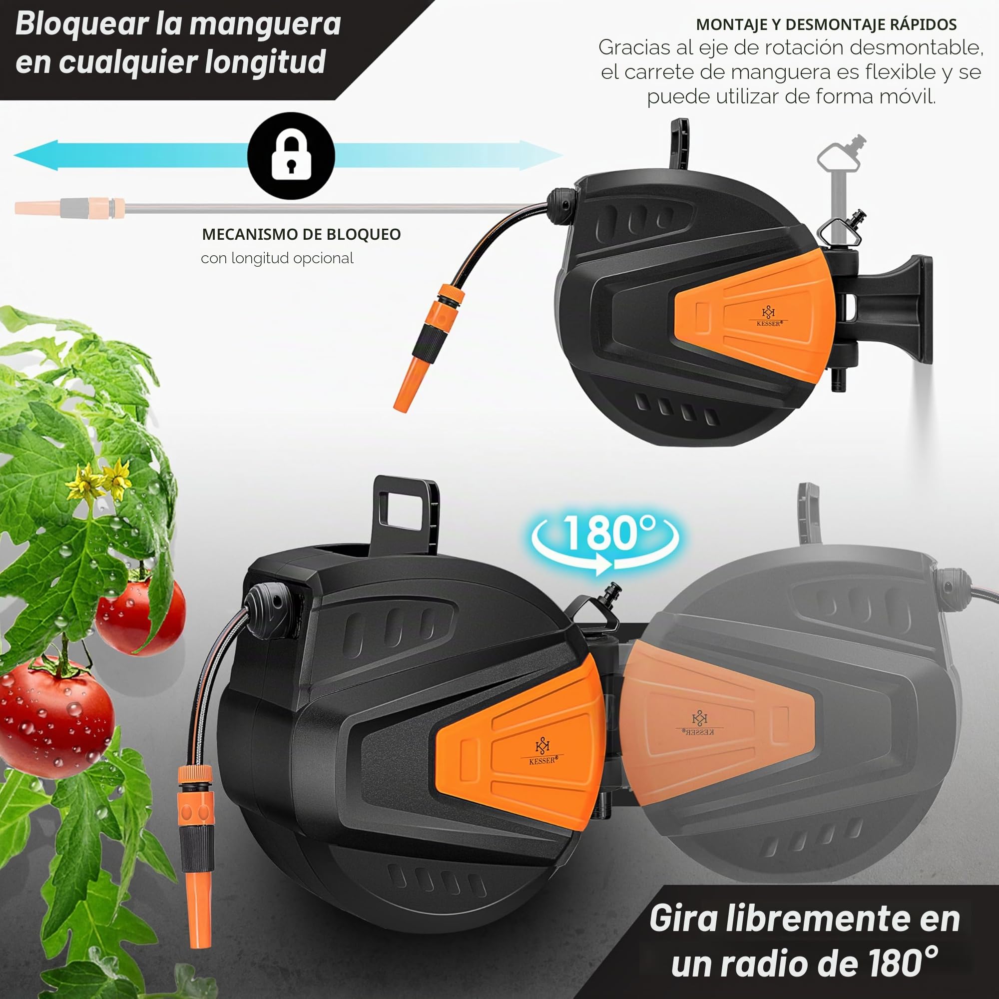 KESSER® Enrollador de mangueras Agua | Ducha de mano múltiple | Giratorio 180° | Tapón de rebobinado | Montaje en la pared | Caja de mangueras de pared | Manguera de jardín, naranja 15 M