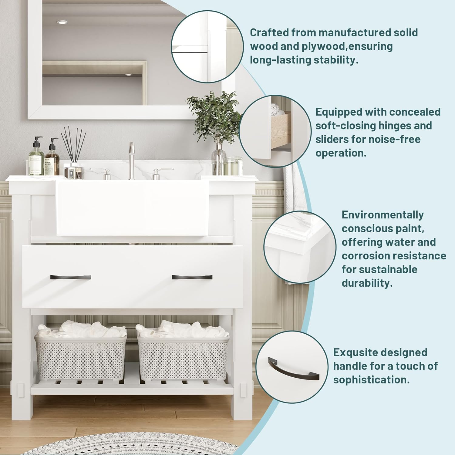 CASAINC 36 Inch Bathroom Vanity, Farmhouse Sink Bathroom Cabinet in White with 1 Open Shelf and 1 Drawer, Solid Wood Freestanding Cabinet with Carrara Vanity Counter Top & Sink, Fully Assembly