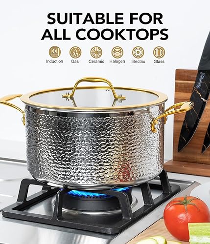 Vista 4 de Michelangelo Triply - Juego de ollas y sartenes de acero inoxidable, 10 piezas de acero inoxidable martillado con mango dorado, utensilios de cocina