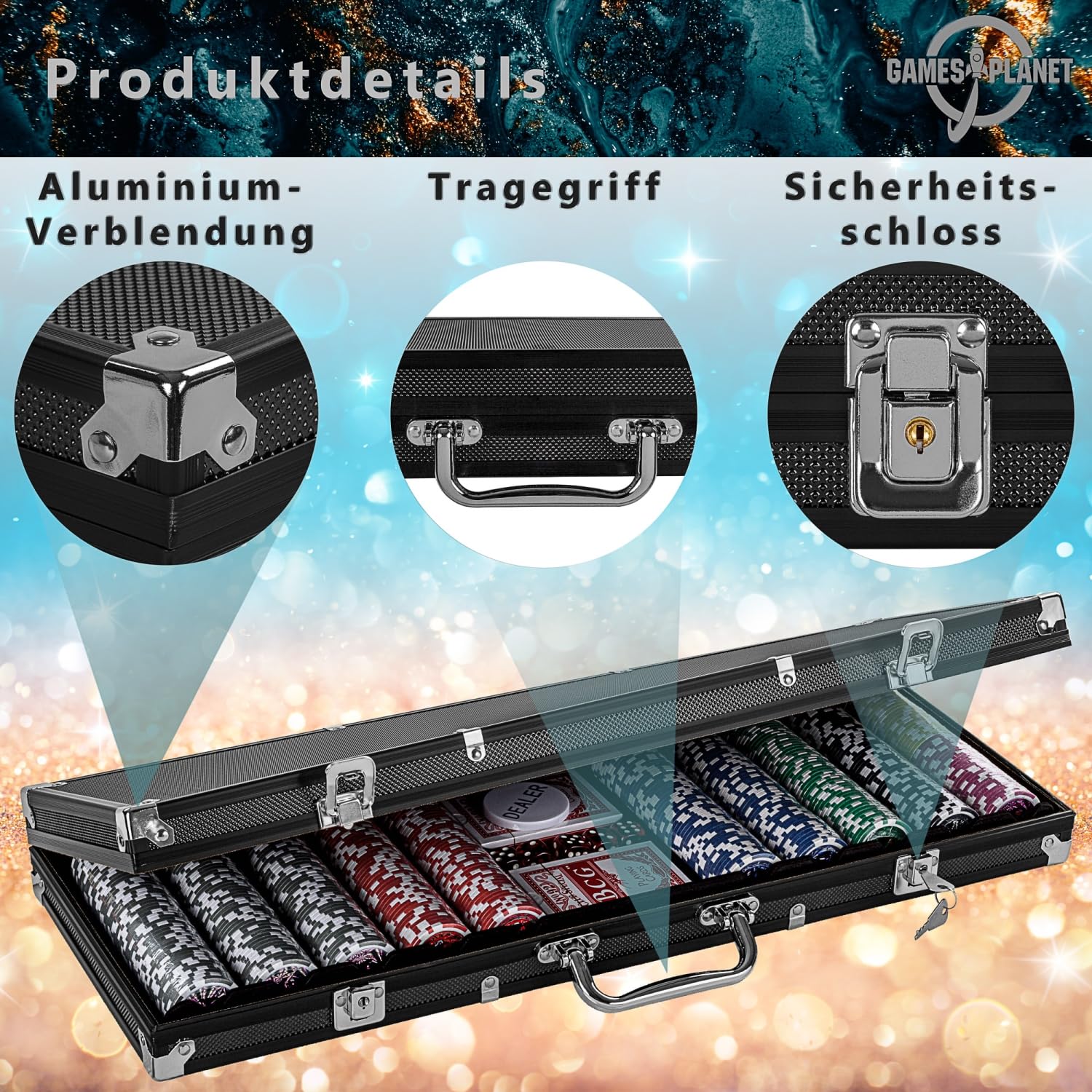GAMES PLANET Pokerkoffer mit 500 Laser-Chips, Silver/Gold/Black Edition - Auswahl: Black