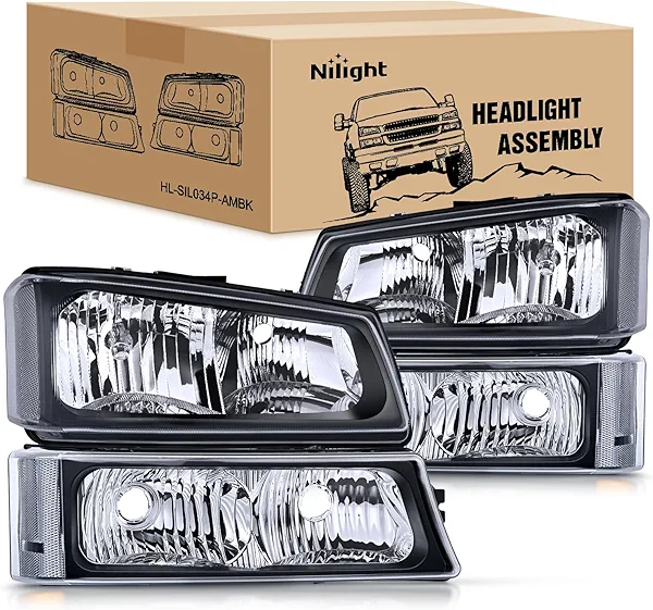 Nilight Headlight Assembly for 2003 2004 2005 2006 Chevy Silverado Avalanche 1500 1500HD 2500 2500HD 3500 Chevrolet Pickup Replacement Headlamp Housing Bumper Lamp Set