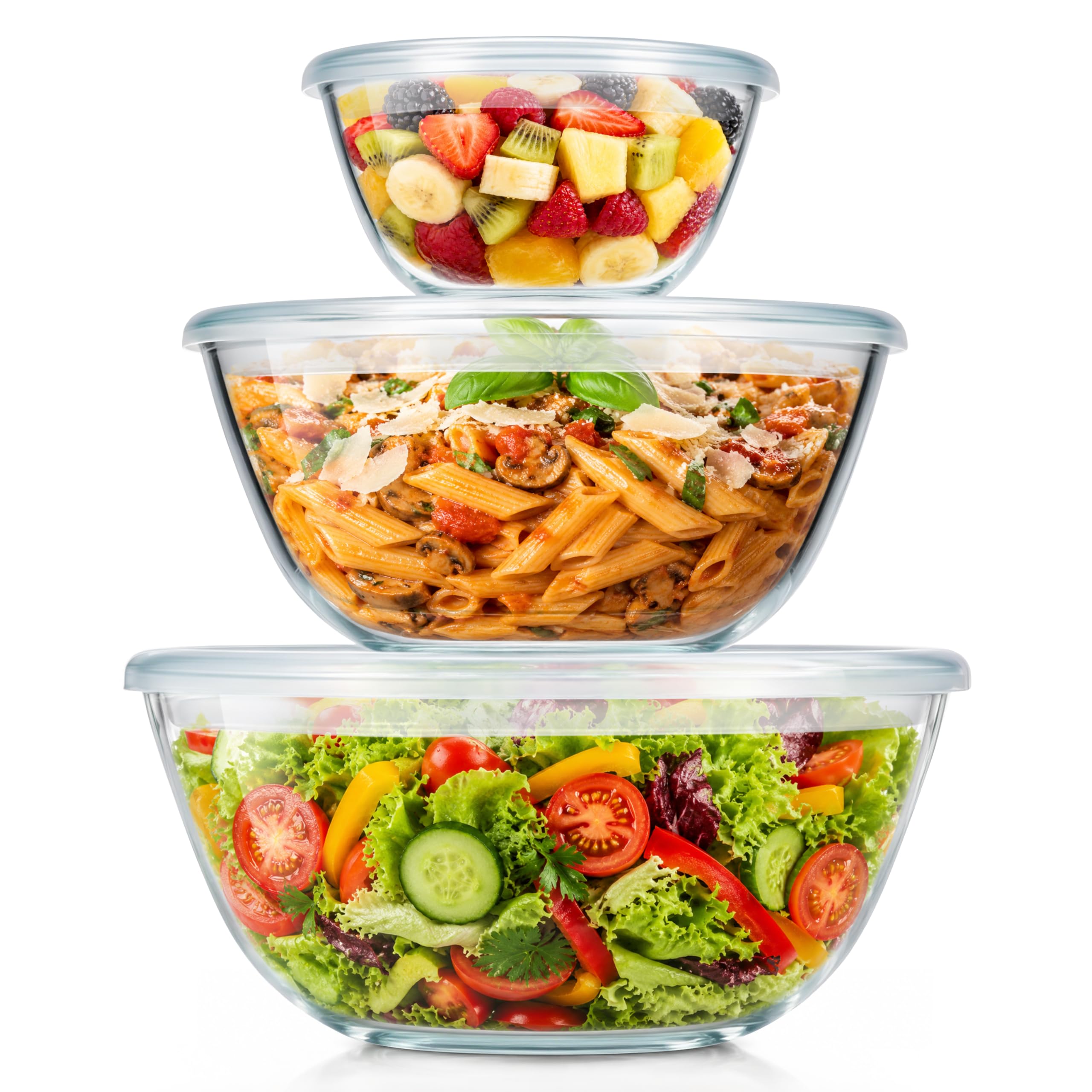 Homikit Salatschüssel 3er Set, Groß Glasschüssel Rührschüssel mit Luftdichtem Deckel, 4,5L/2,7L/1,1L, Borosilikatglas Schüssel für Servieren Kochen Backen, Luftdichtem, Spülmaschinenfest