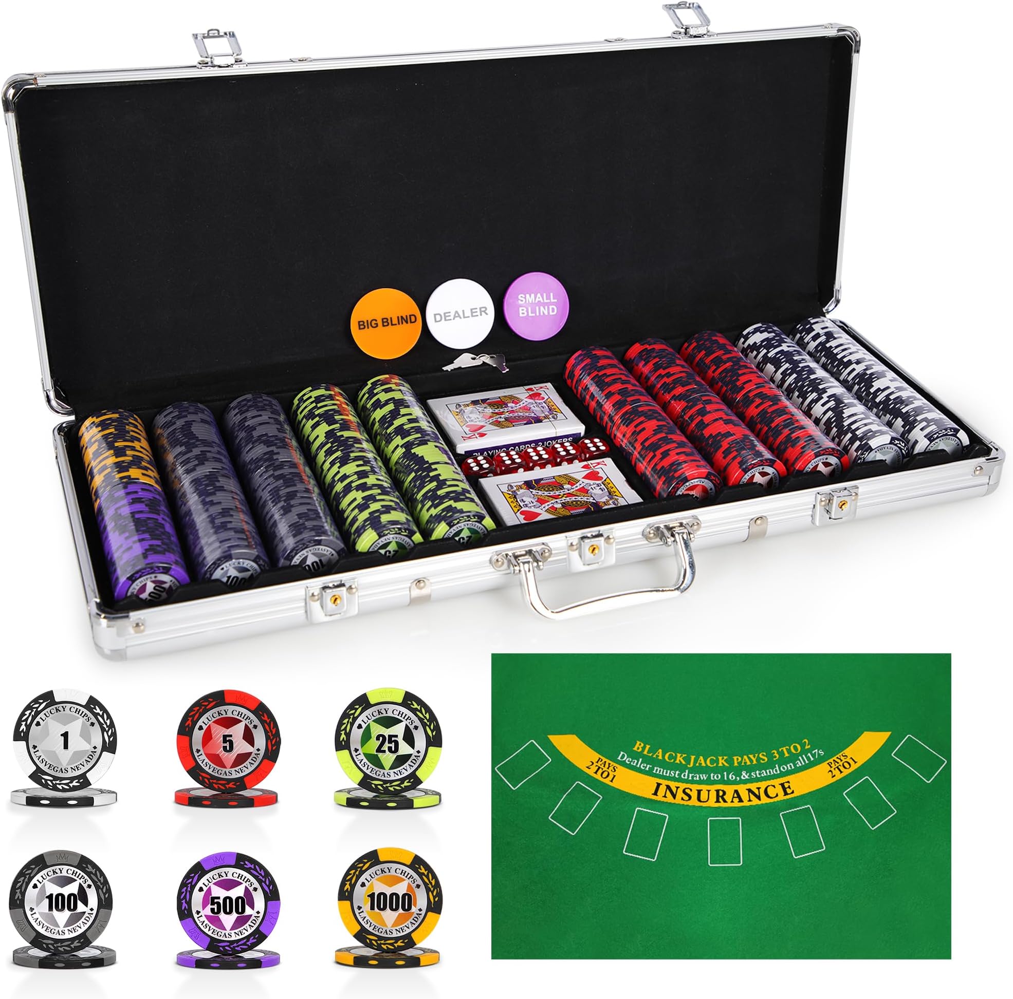ORIENTOOLS 500PCS Poker Chips Set with Deluxe Aluminum Case, 2 Decks of Playing Cards&Poker Tablecloth, 14g Texas Holdem Professional Poker Set, Blackjack Gambling Games, Casino style, Home Game