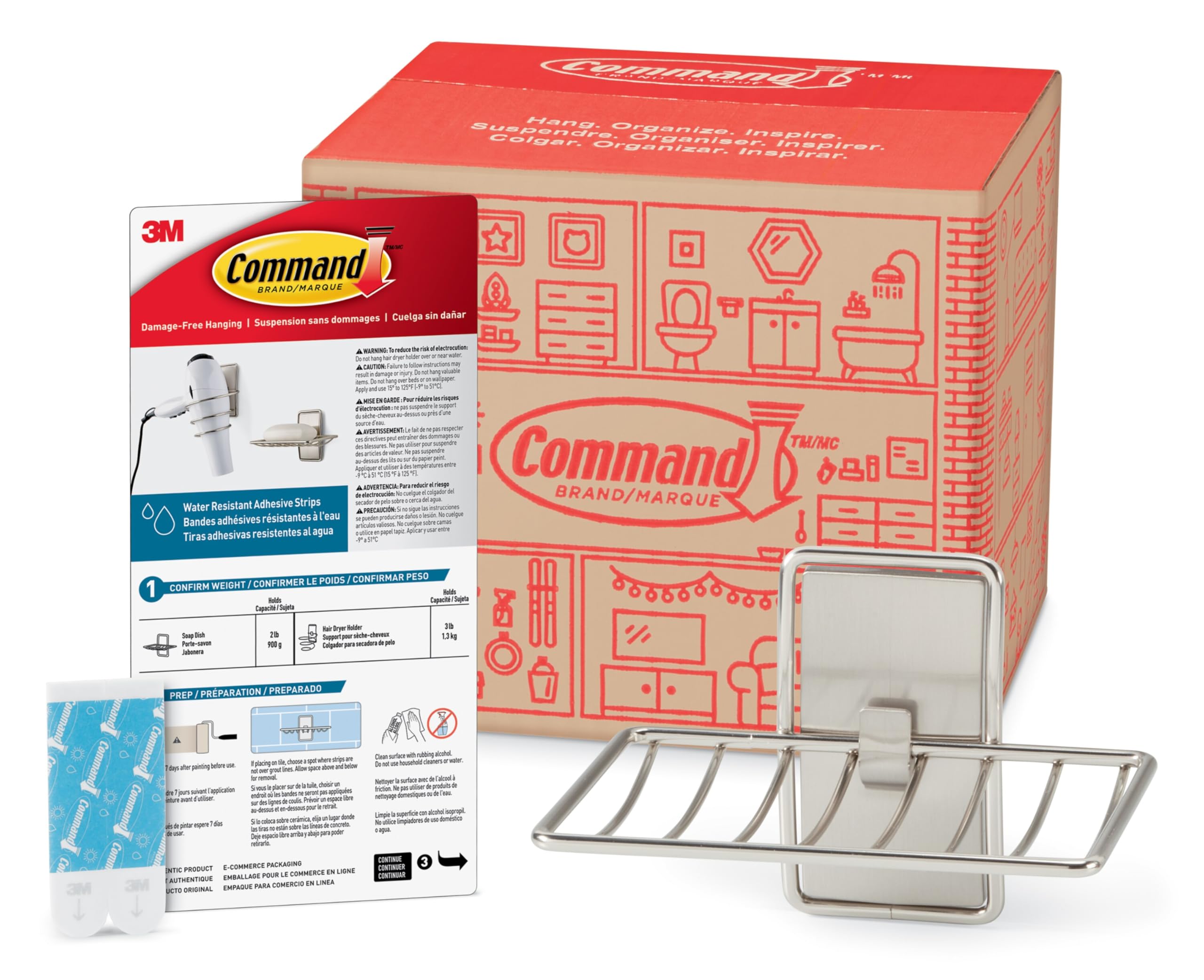 - Soap Dish for Shower, Damage-Free Hanging, No Tools Soap Holder, 1 Satin Nickel Dish and 2 Water-Resistant Strips