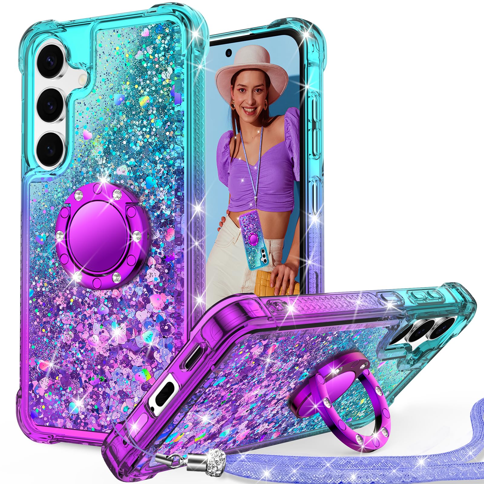 Unlicaku for Samsung Galaxy S25 Case with Ring, Glitter Bling Phone Cover with Stand & Lanyard, Women Girls Luxury Rhinestone Sparkle Protective Case