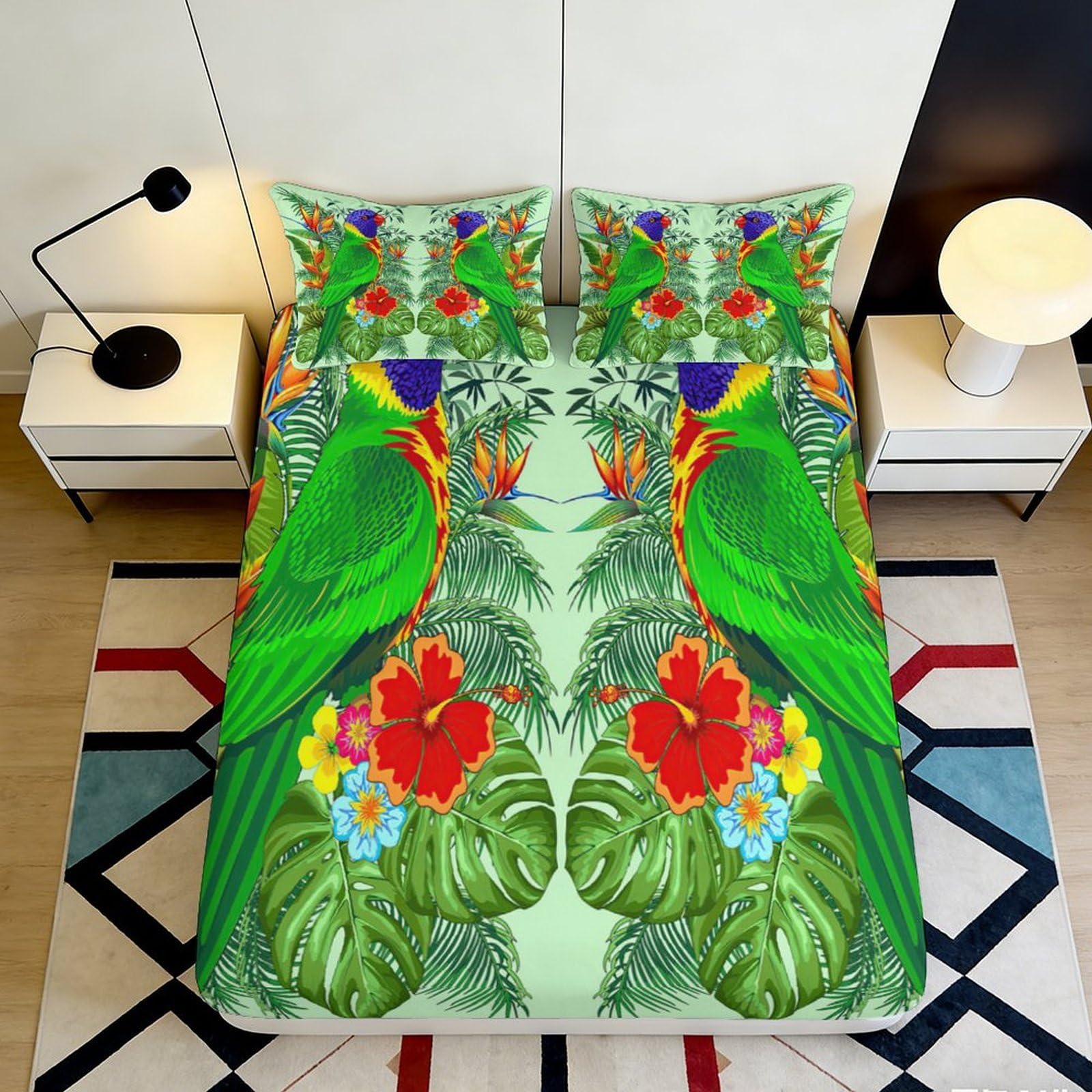 3D Printed Tropical Parrot Fitted Sheet Microfiber Vibrant Jungle Flowers Mattress Cover for Bedroom Dorm Decor 90x200x25cm