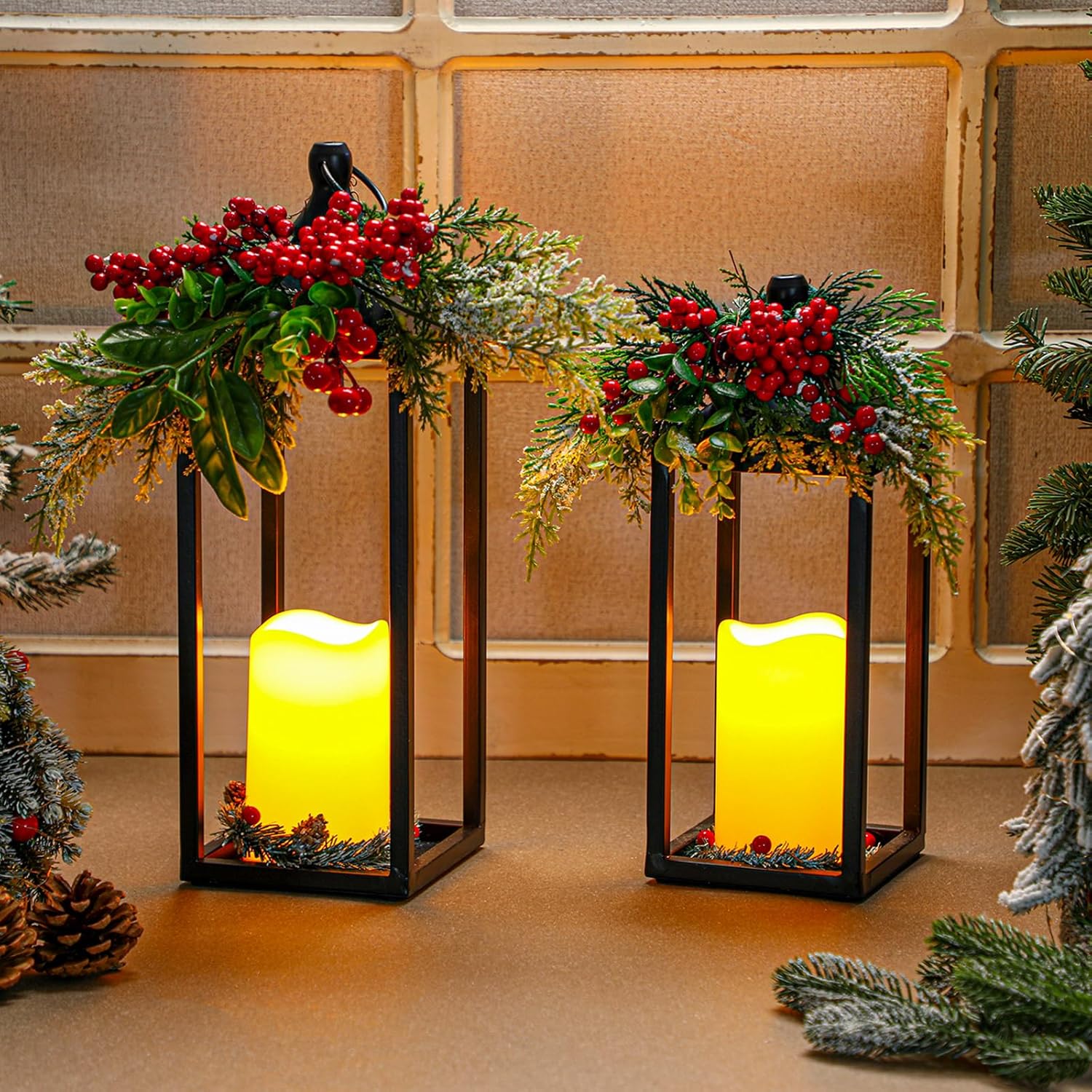 2 Pcs Metal Black Christmas Lantern with Flameless Candle 12'' and 15'' Red Berries Modern Farmhouse Flickering LED Candles for Living Room Home Indoor Outdoor Table Fireplace Mantle Decor