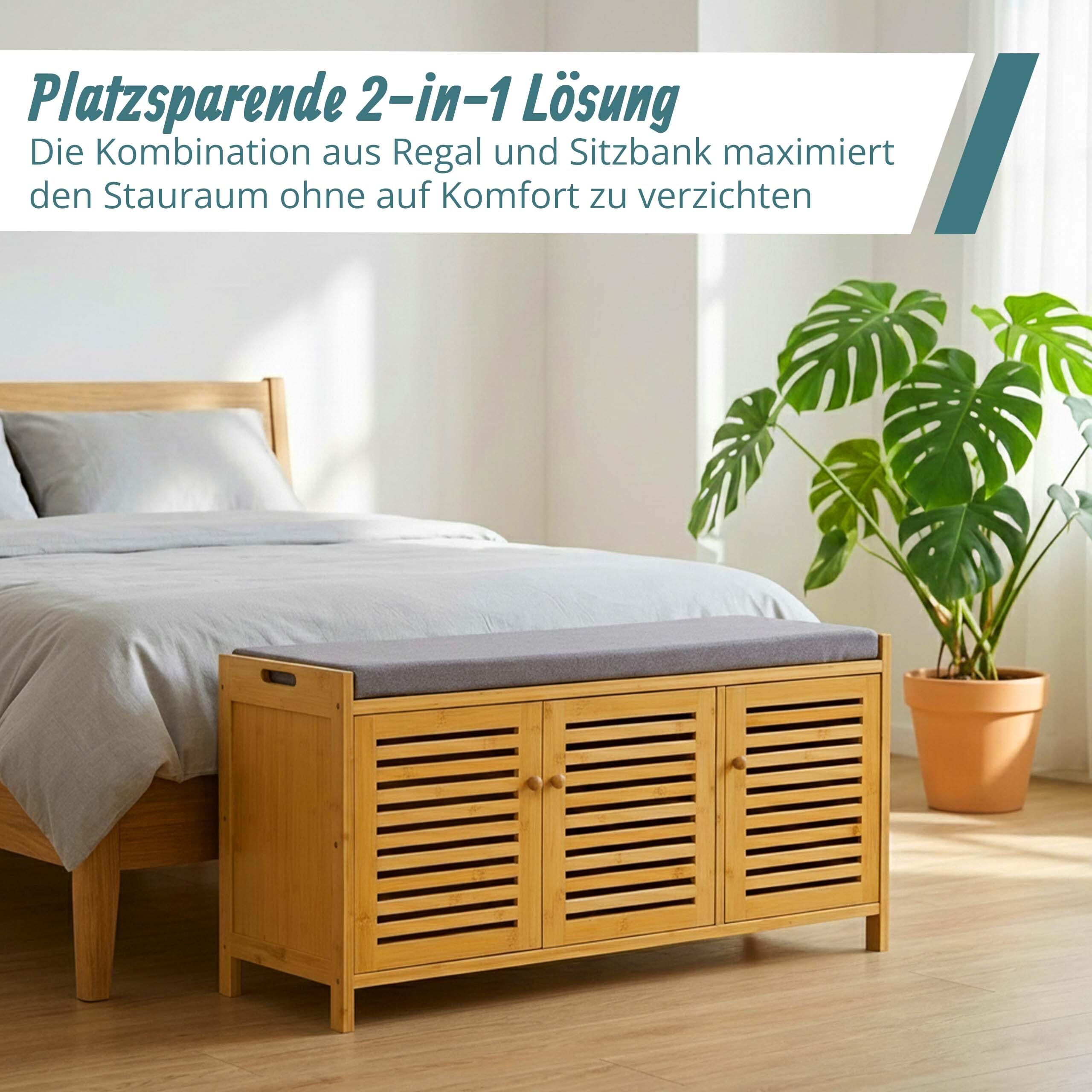 Relaxdays Schuhbank, gepolsterte Sitzfläche, Bambus, 3 Fächer, Natur/grau