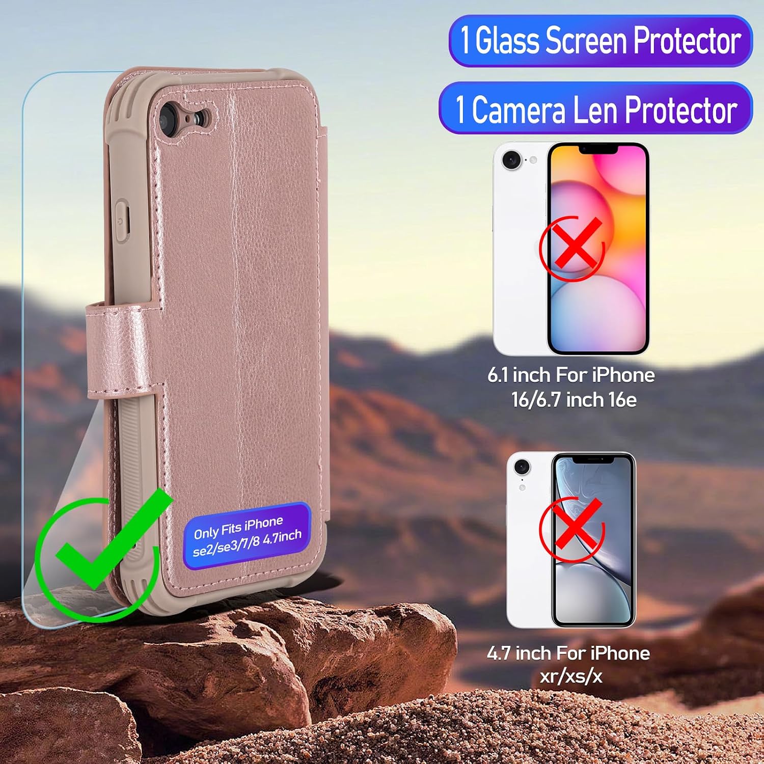 VANAVAGY Compatible for iPhone SE2/SE3/8/7 Wallet Case, PU Leather Flip Phone Cover with Wrist Strap for Wireless Charging with RFID Blocking Card Holder and Screen Protector, Rose Gold