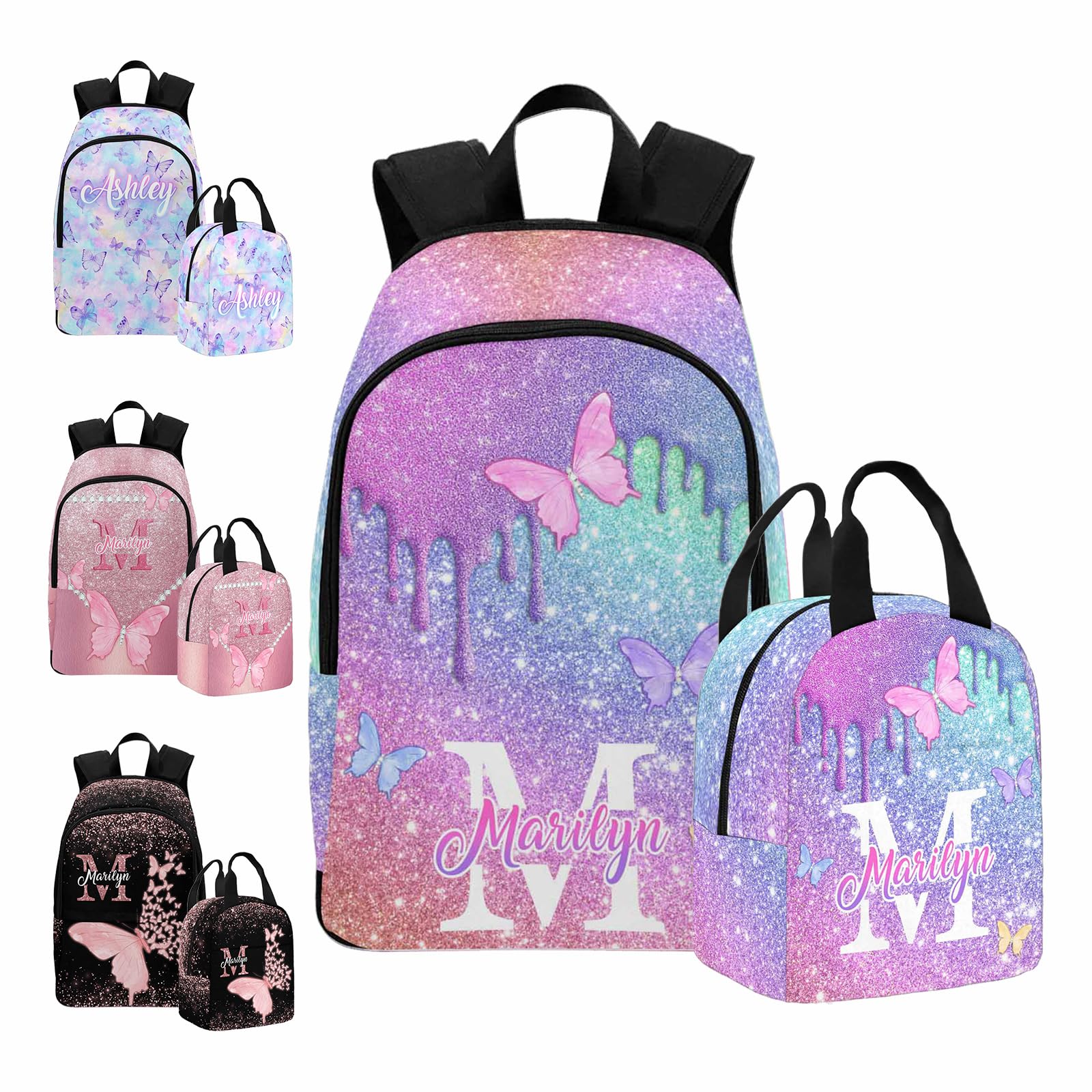 InterestPrint Customized Girl's Bookbag with Lunch Bag, Personalized Glitter Butterfly Knapsack Backpacks Custom Backpack for Girls and Lunch Box for