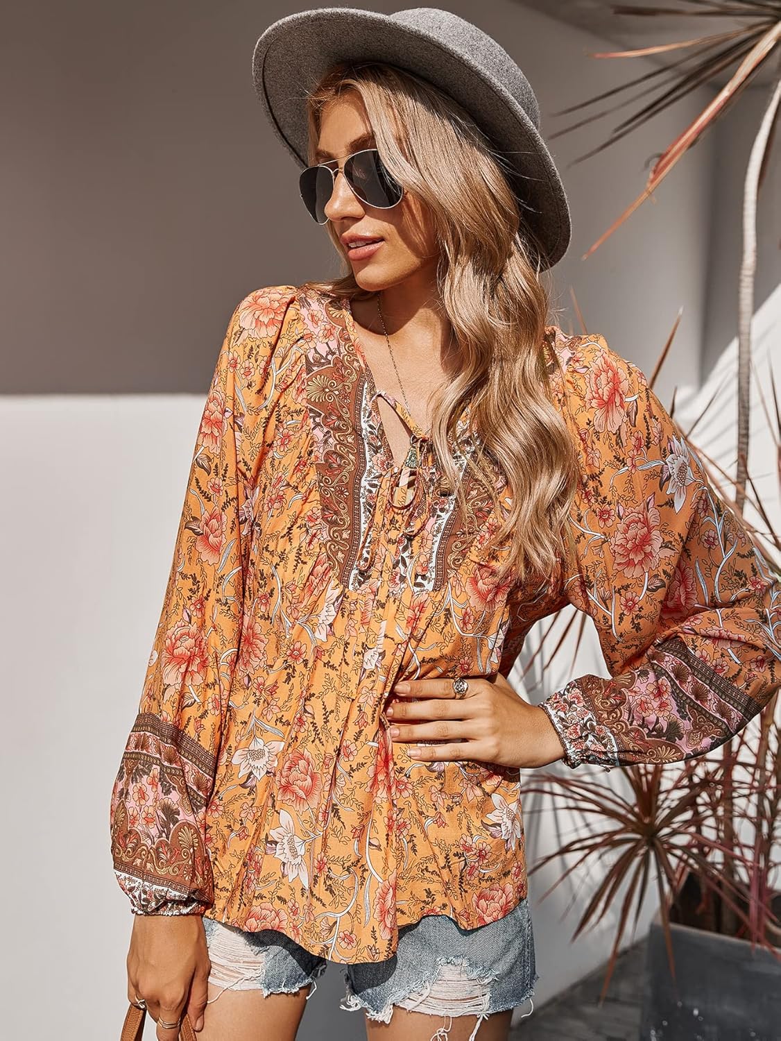 KAYWIDE Women's Casual Boho V Neck Top Loose Floral Printed Long Sleeve Beach Shirts Blouses - Image 2