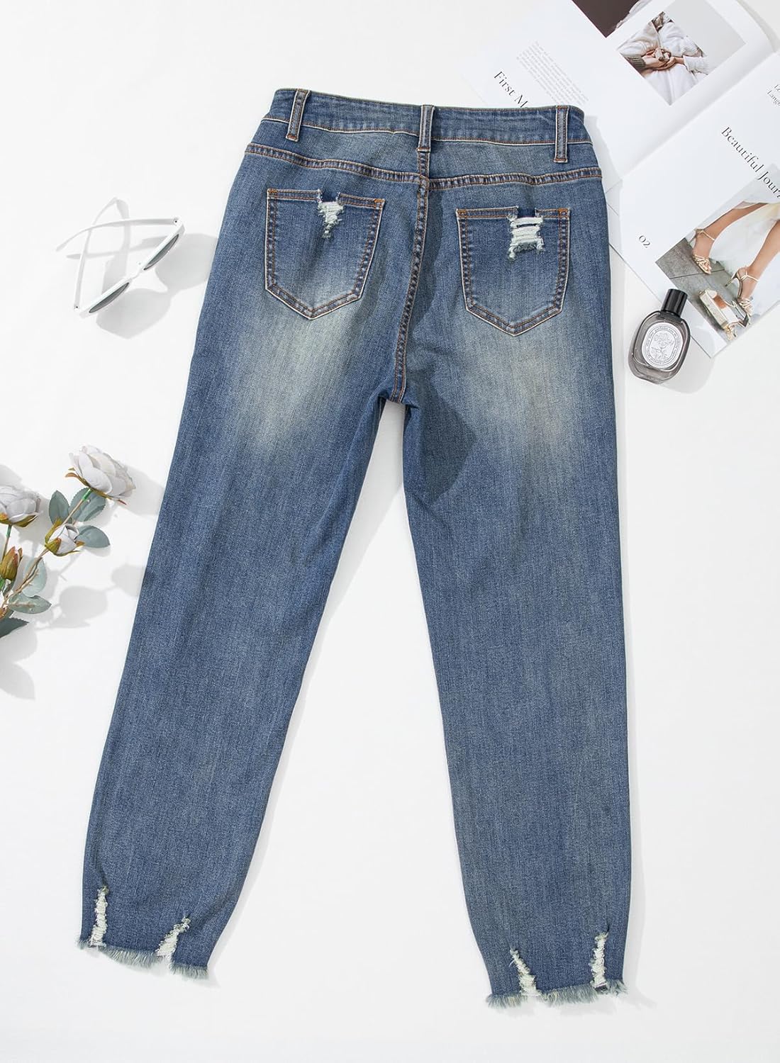 EVALESS Women's High Waisted Tummy Control Straight Ankle Ripped Jeans - Image 4