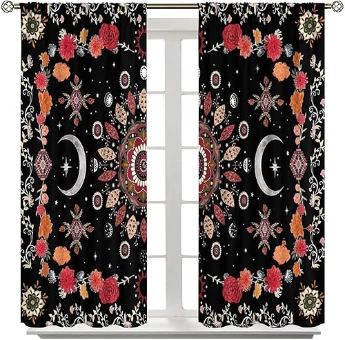 Miniatura 2 de Cortinas bohemias de fases lunares con diseño de mandala rojo y negro, bohemio, floral, gótico, iluminado por la luna, juego de 2 paneles para