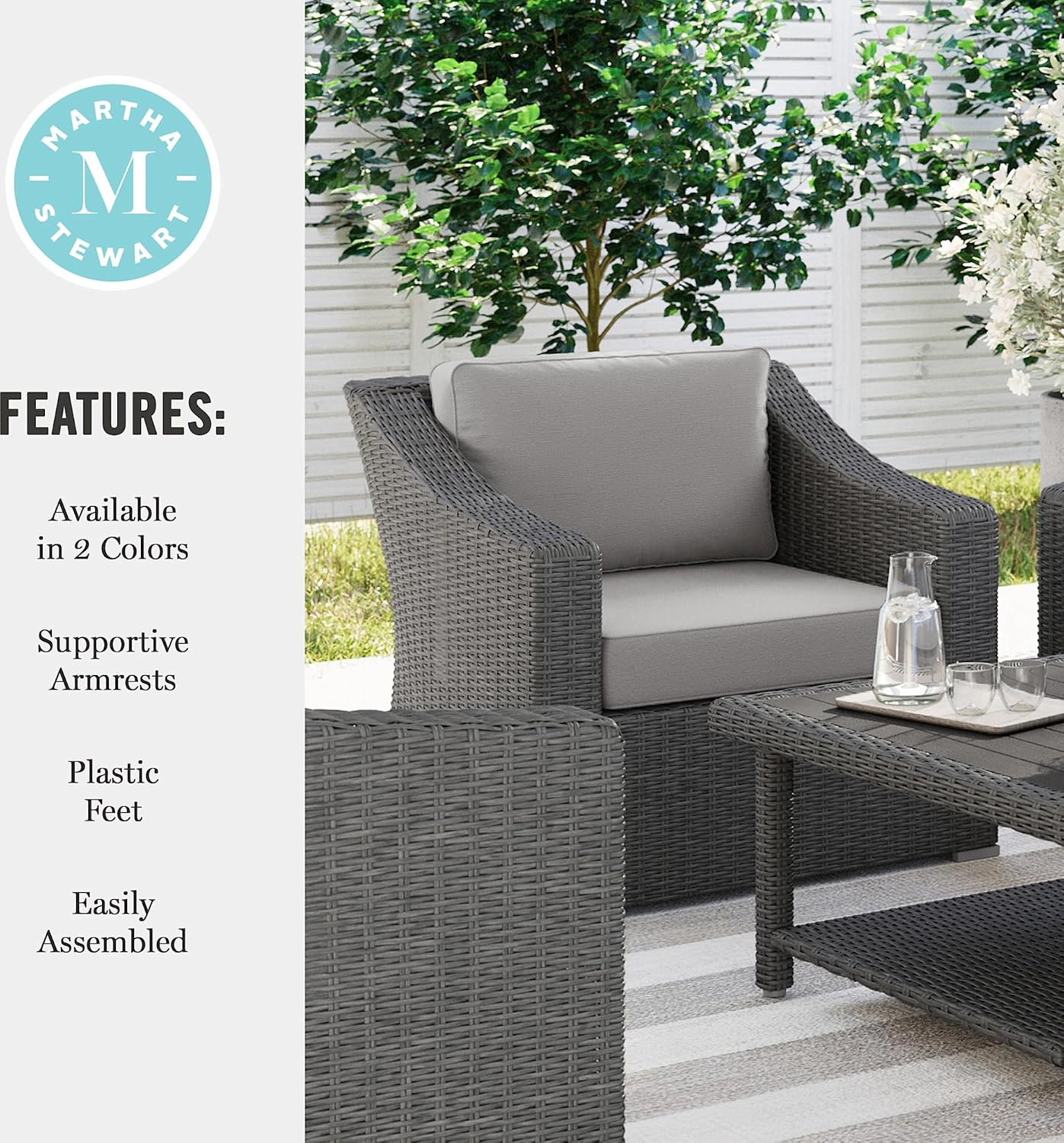 Martha Stewart Bedford Indoor-Outdoor Patio Accent Chair with Rattan Wicker Finish in Brown with Tan All-Weather Cushions