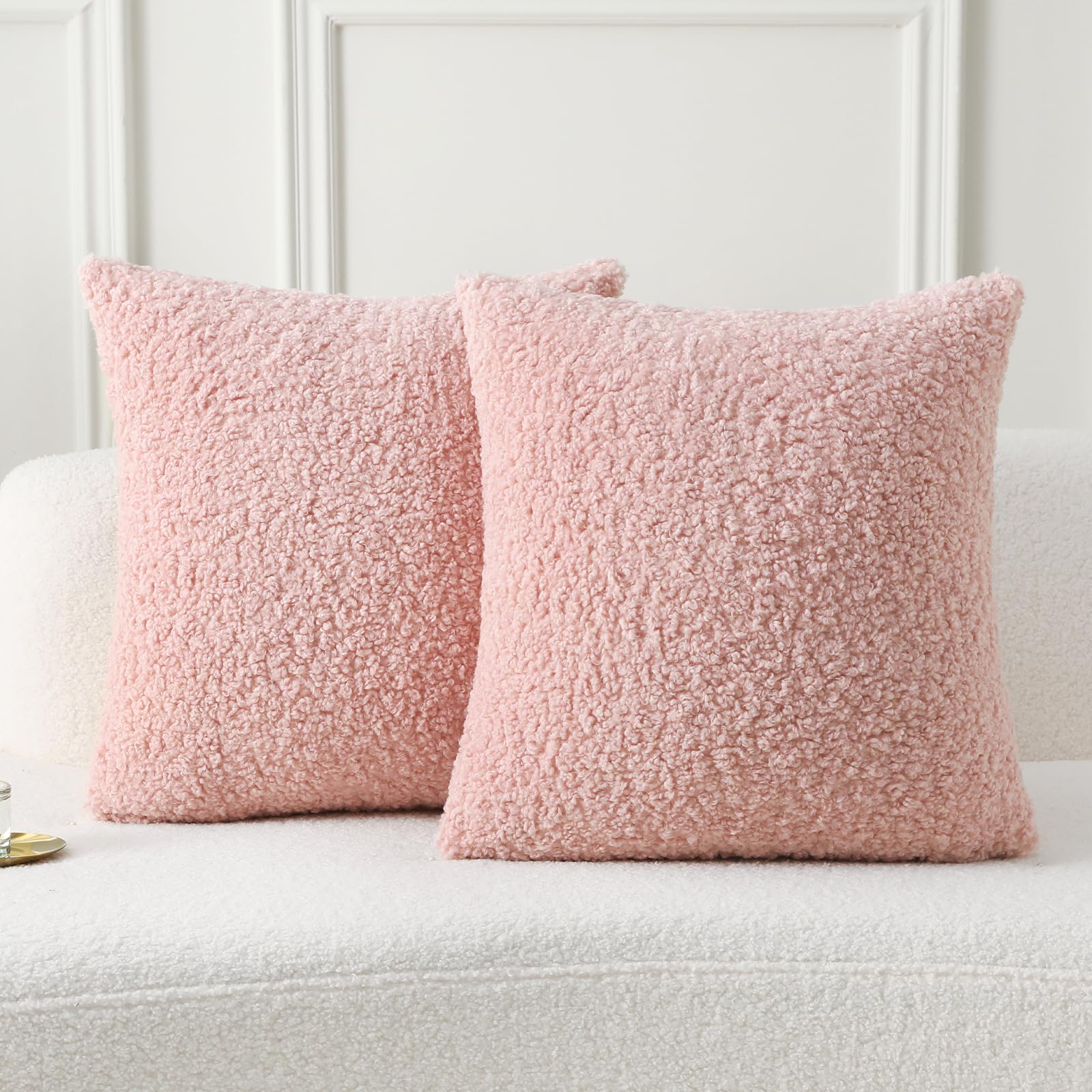 FUTEI Valentine's Day Pink Throw Pillow Covers 26x26 Inch Set of 2,Furry Faux Fur Teddy Boucle Textured Cushion Covers,Soft Fluffy Decorative Pillow