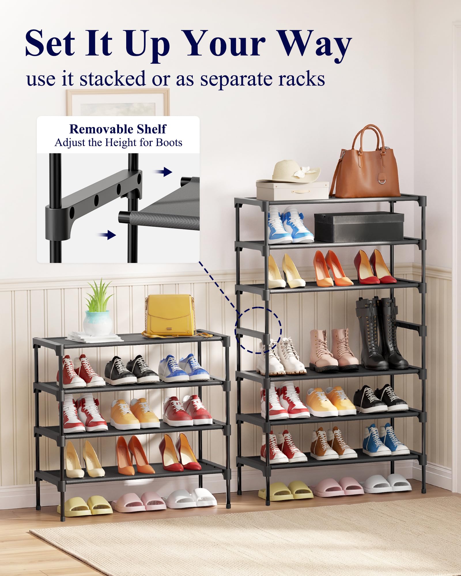 Kitsure Zapatero – Estante para zapatos no tejido, organizador de zapatos para armario, entrada, garaje y pasillo, estantes apilables para zapatos, XL, color negro