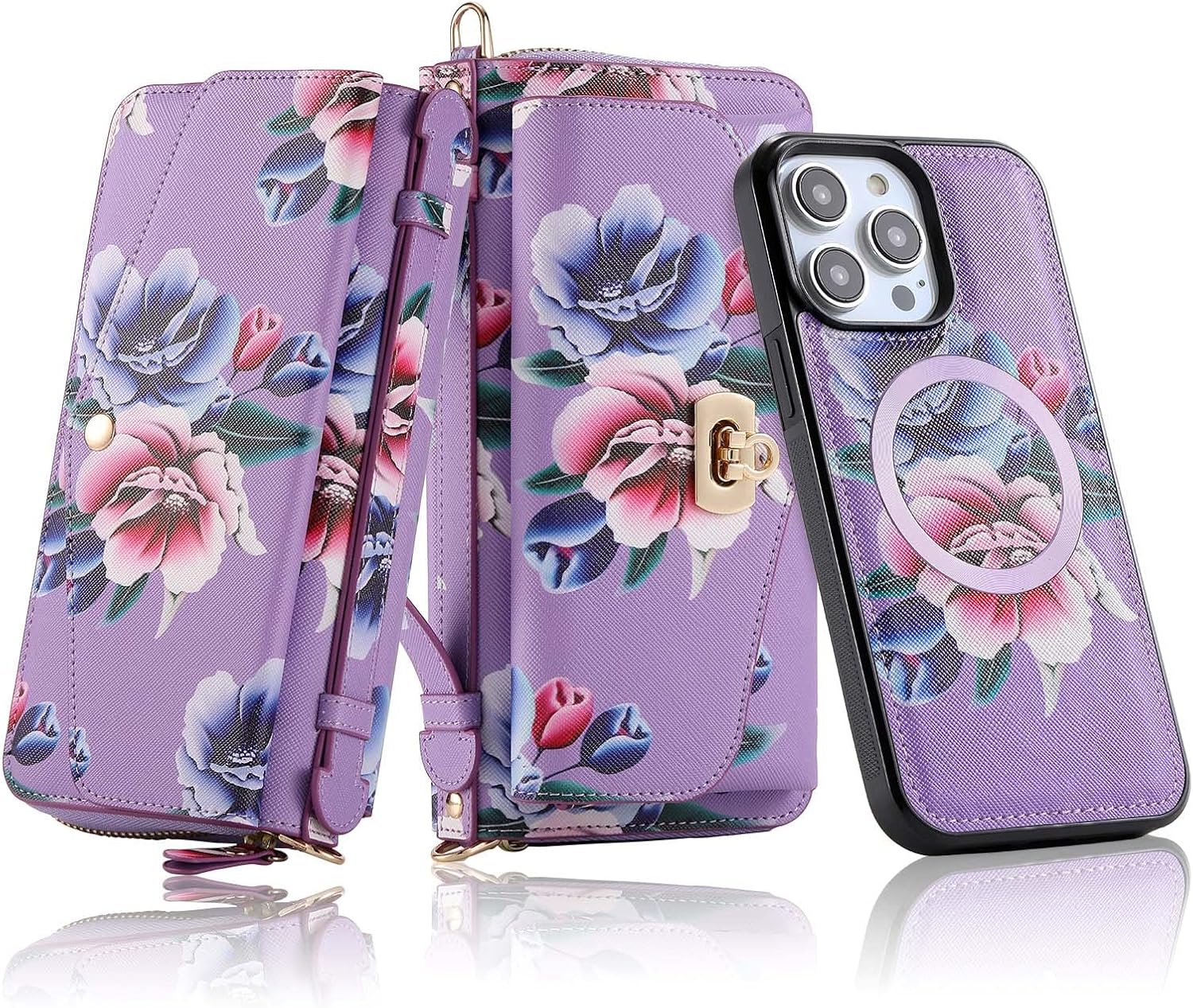 Compatible for iPhone 14 Plus Wallet Case for Women with Detachable Magnetic Phone Case Support Wireless Charging,RFID Blocking Card Holder,Crossbody Strap Wristlet.B4