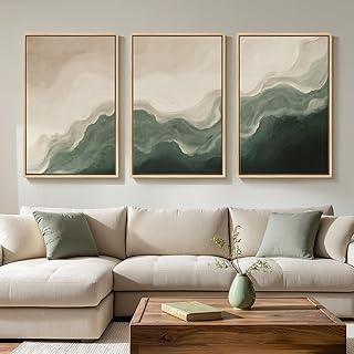 Large Framed Green and Beige Abstract Wall Art for Living Room, 3 Piece ...
