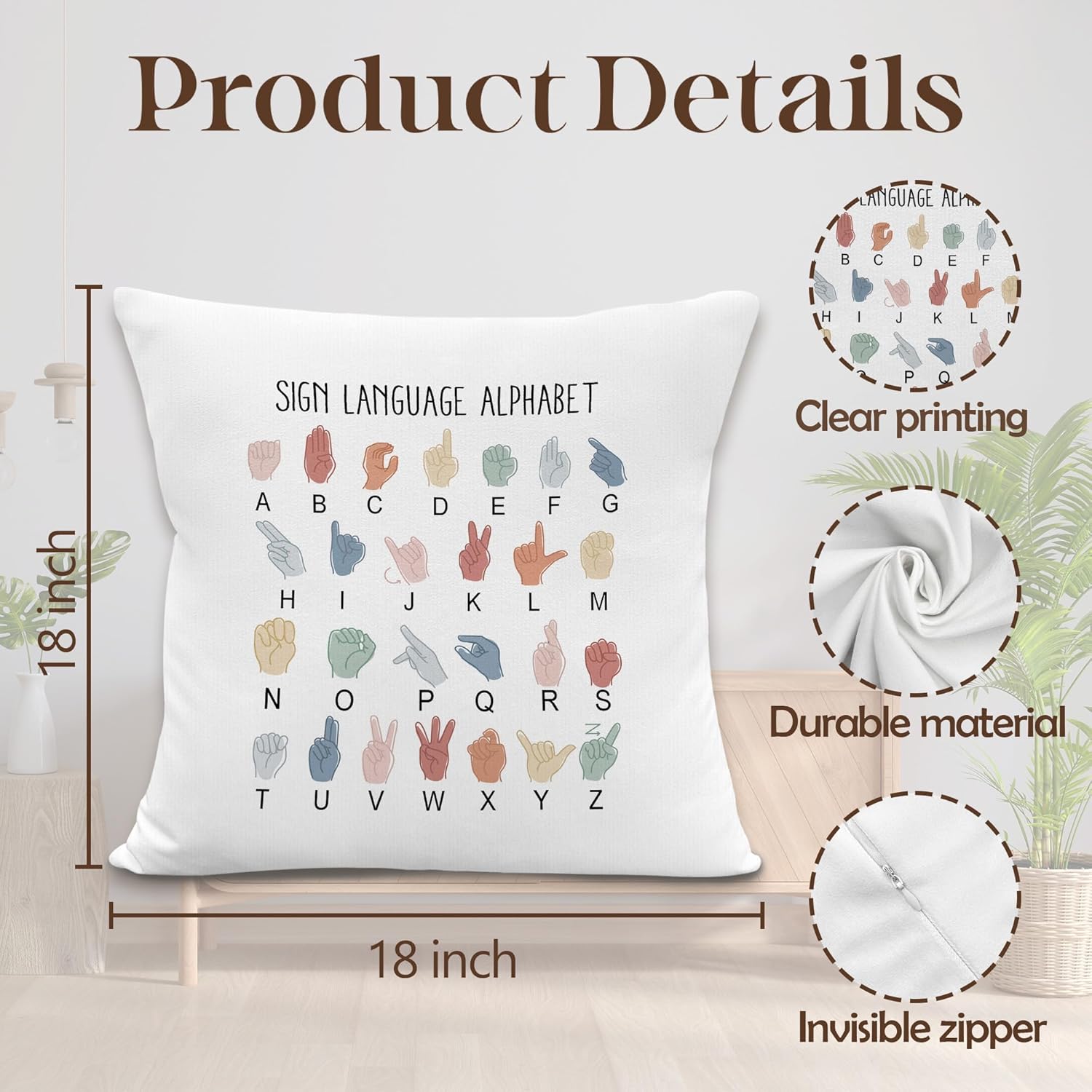 Boho Inspirational Throw Pillow Covers, Boho Classroom Decor, Sign Language Alphabet Rainbow Decorative Pillowcases Cushion Cases for Kids Nursery Room Decor, 18x18 Pillow Covers Set of 2 - Image 7