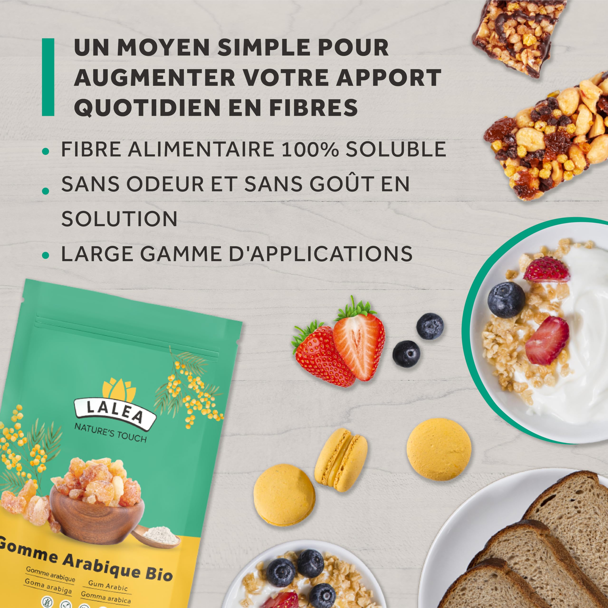 Gomme arabique bio en poudre, Poudre de fibre alimentaire du gomme d'acacia bio 1Kg, Végétalien et Keto, Sans Gluten, 90% de fibres
