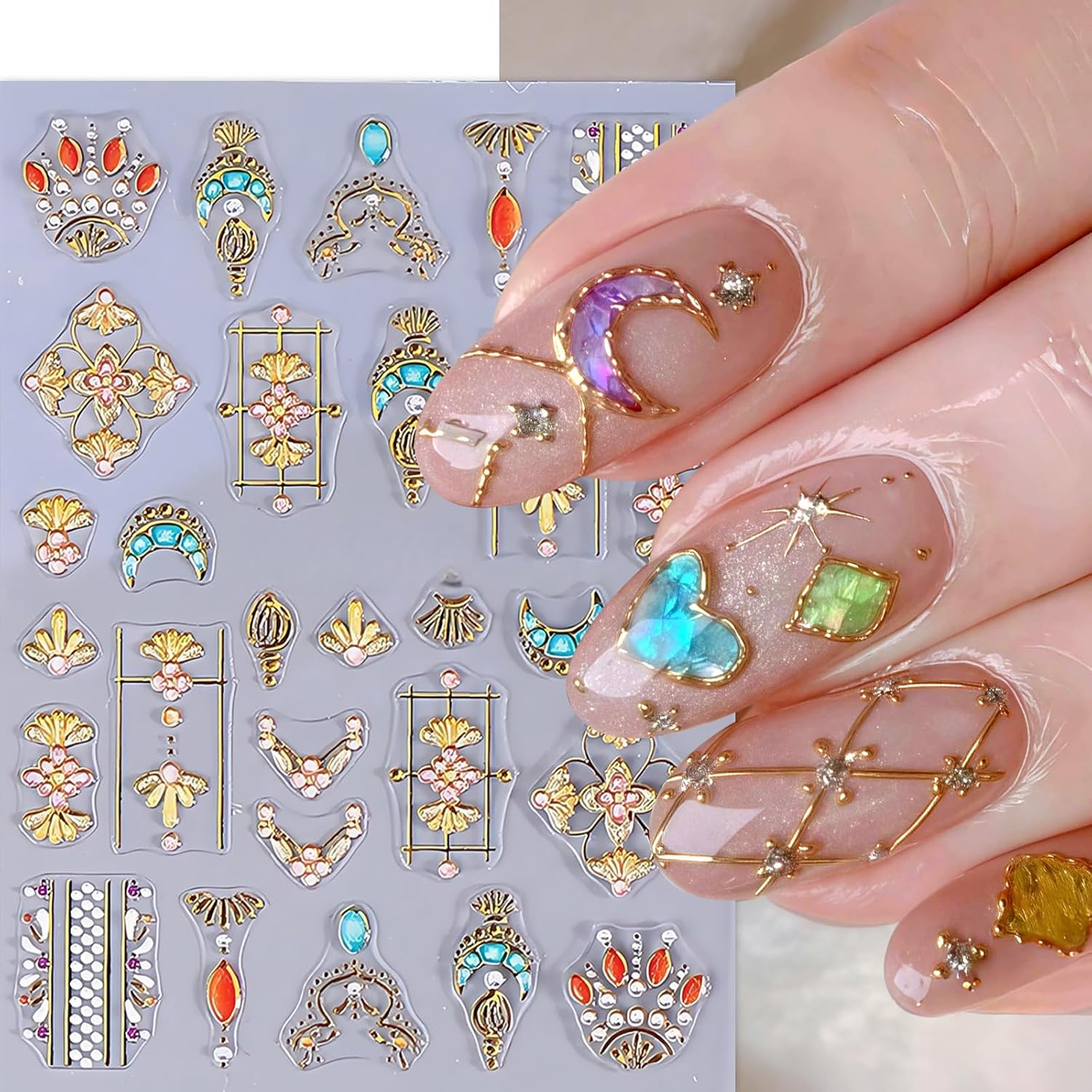 2 Sheets Sun Moon Nail Art Stickers Decals 5D Embossed Bohemian Style Nail Decals Bohemia Metallic Gold Lace Lines Stars Nail Designs Embossed Star Nail Decoration for Women Girls Nail Art Supplies image 5