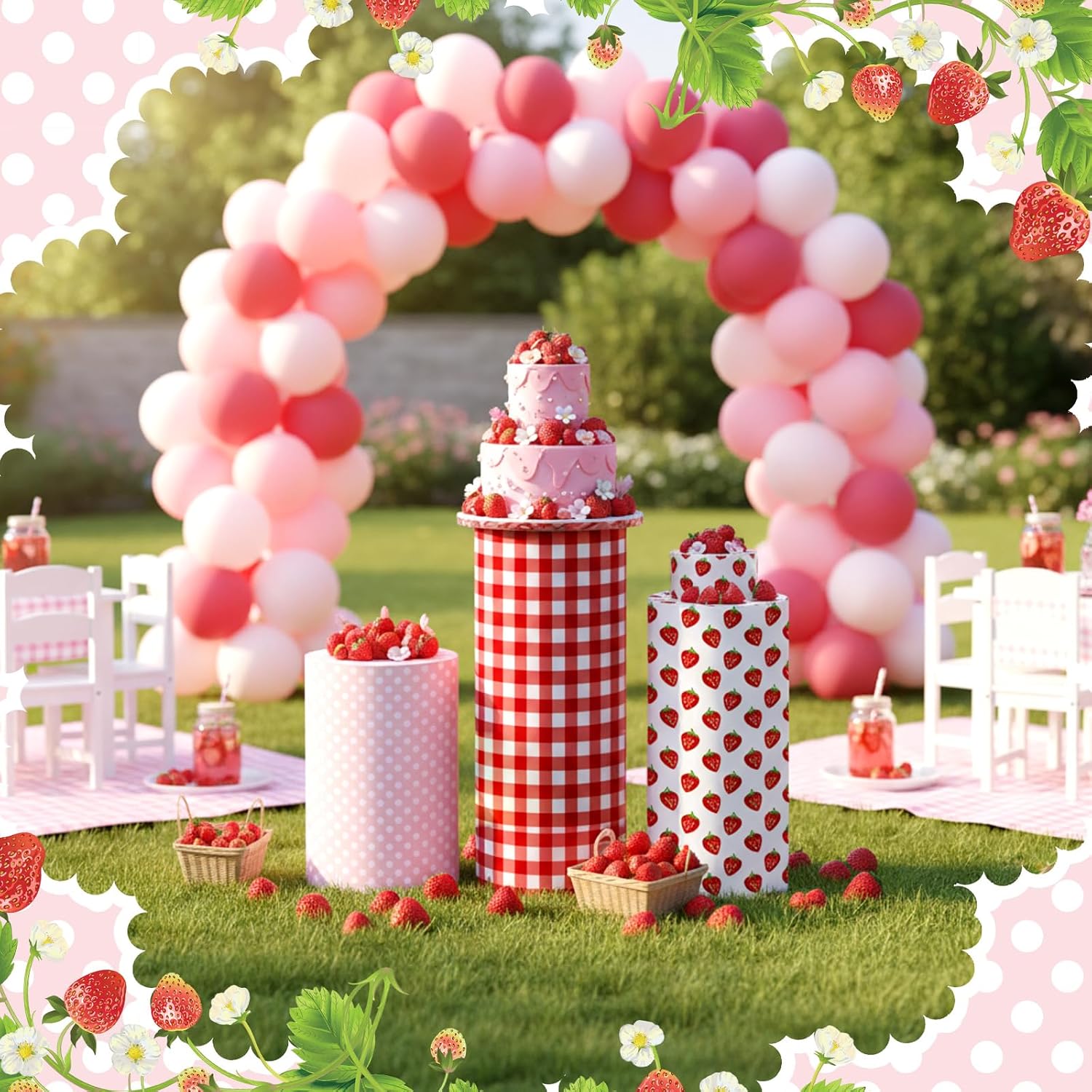 SmoothNovelty 3 Pcs Strawberry Cylinder Pedestal Stand Covers Spandex Plinth Strawberry Themed Cylinder Stand Covers for Birthday Party Wedding Shower Props Decor