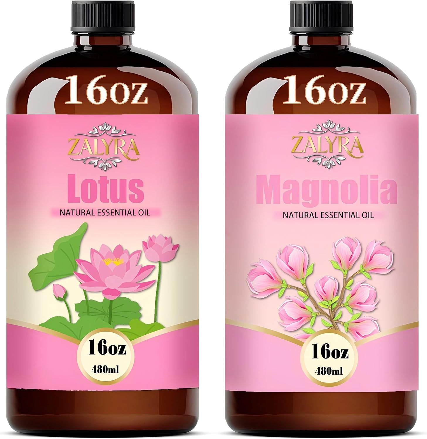 Lotus&Magnolia Essential Oil 16 Fl Oz+0.33 Fl Oz for Aroma Diffuser,Humidifier,Home Fragance,Massage,Yoga,Cleaning,Hair Care,Gift,Soap&Candle Making,ZALYRA