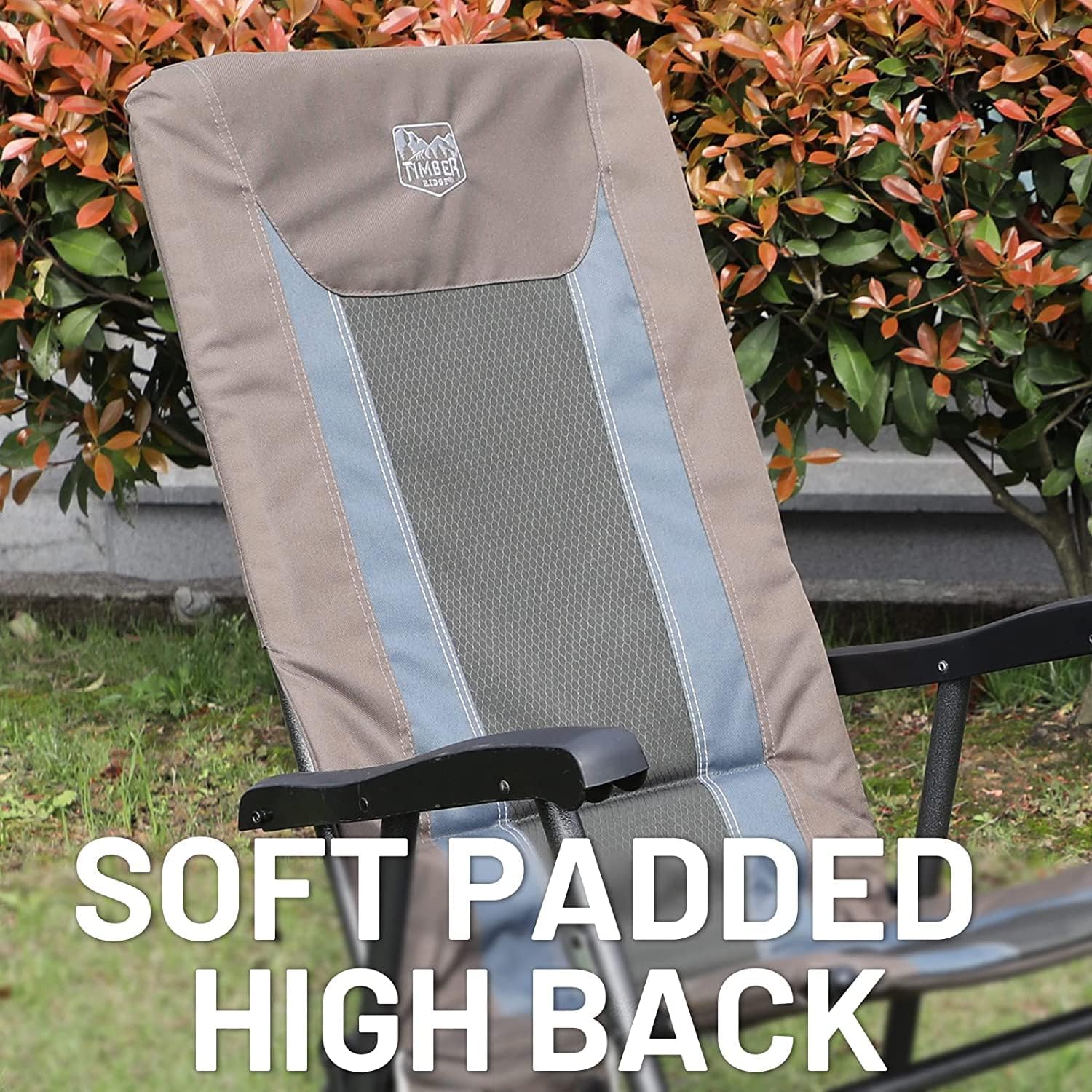 TIMBER RIDGE Outdoor Folding Rocking Chair, 29" Padded High Back Neck & Back Support, Hard Armrests for Easy Stand Up, Stable Steel Frame Supports 300 lb, Quick Fold for Patio, Lawn & RV Camping,Brown