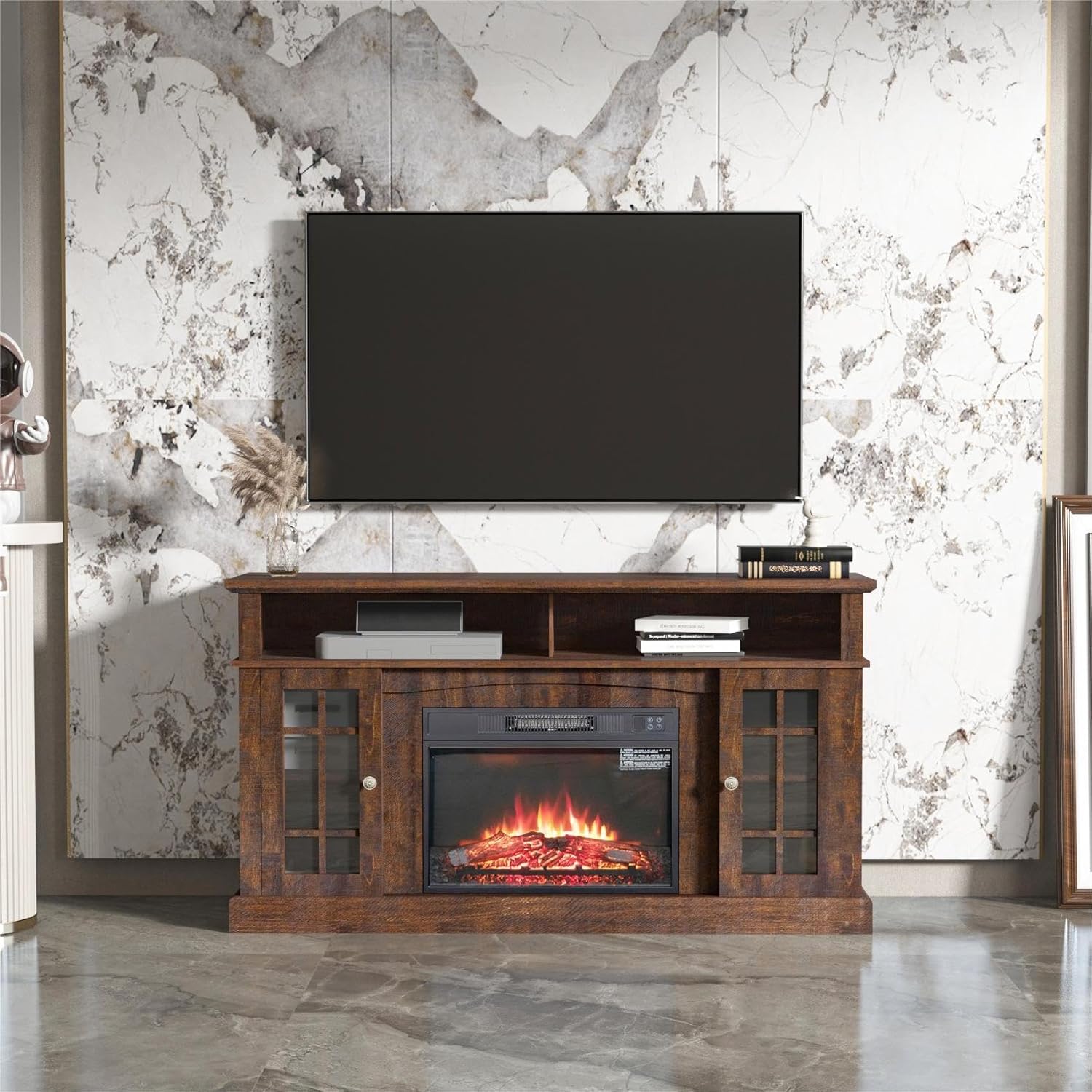 Uneeruiqy Fireplace TV Stand, 65'', Antique Brown