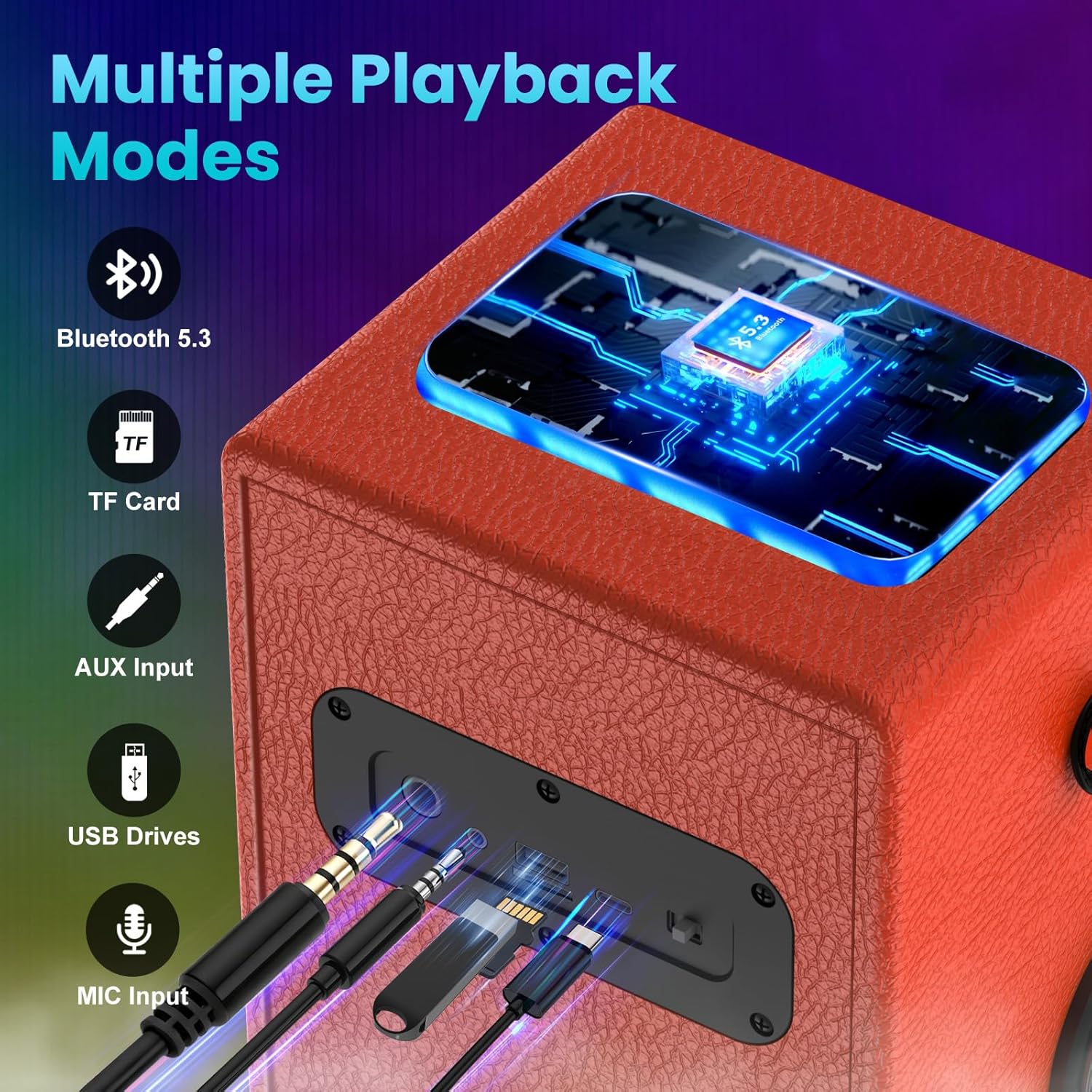 Close-up of the TAMPROAD Q101 speaker's rear panel showing ports for Mic, AUX, USB, TF Card, and Type-C charging.