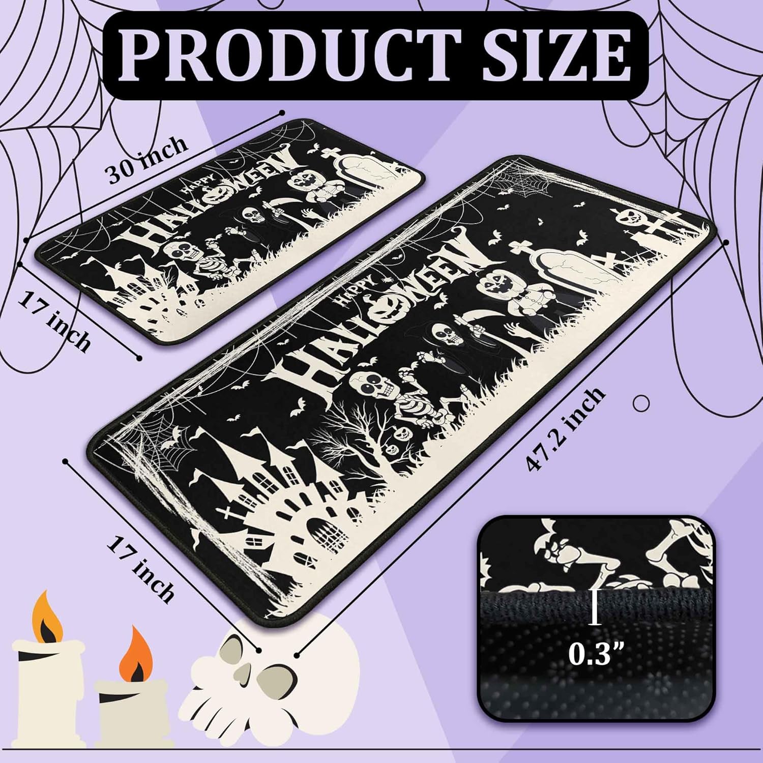 Happy Halloweeen Kitchen Rugs and Mats Set of 2, Skull Pumpkin Kitchen Mat, Castle Bat Halloween Farmhouse Party Floor Mat for Home Kitchen Decorations 17" x47"+17"x30"