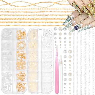 2 Boxes Nail Chain Charms and Flatback Pearls for Nail Art, Gold Silver Line Nails Art Chains Mixed Sizes White Beige Nail Pearls for Acrylic Nails Tips Manicure Decor