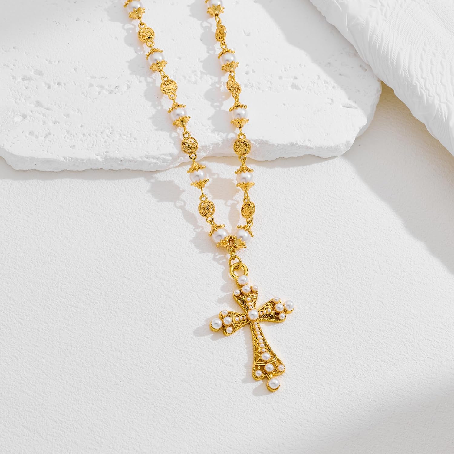 Gold Cross Pearl Necklace for Women Gothic Cross Necklace Exaggerate Large Cross Necklace Punk Chunky Statement Jewelry Gift for Her - Image 6