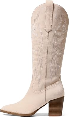 AOSPHIRAYLIAN Cowboy Boots for Women Pointed Toe Knee High Cowboy Boots Women Wide Calf Cowgirl Western Embroidery Pull On Chunky Block High Heels Boot