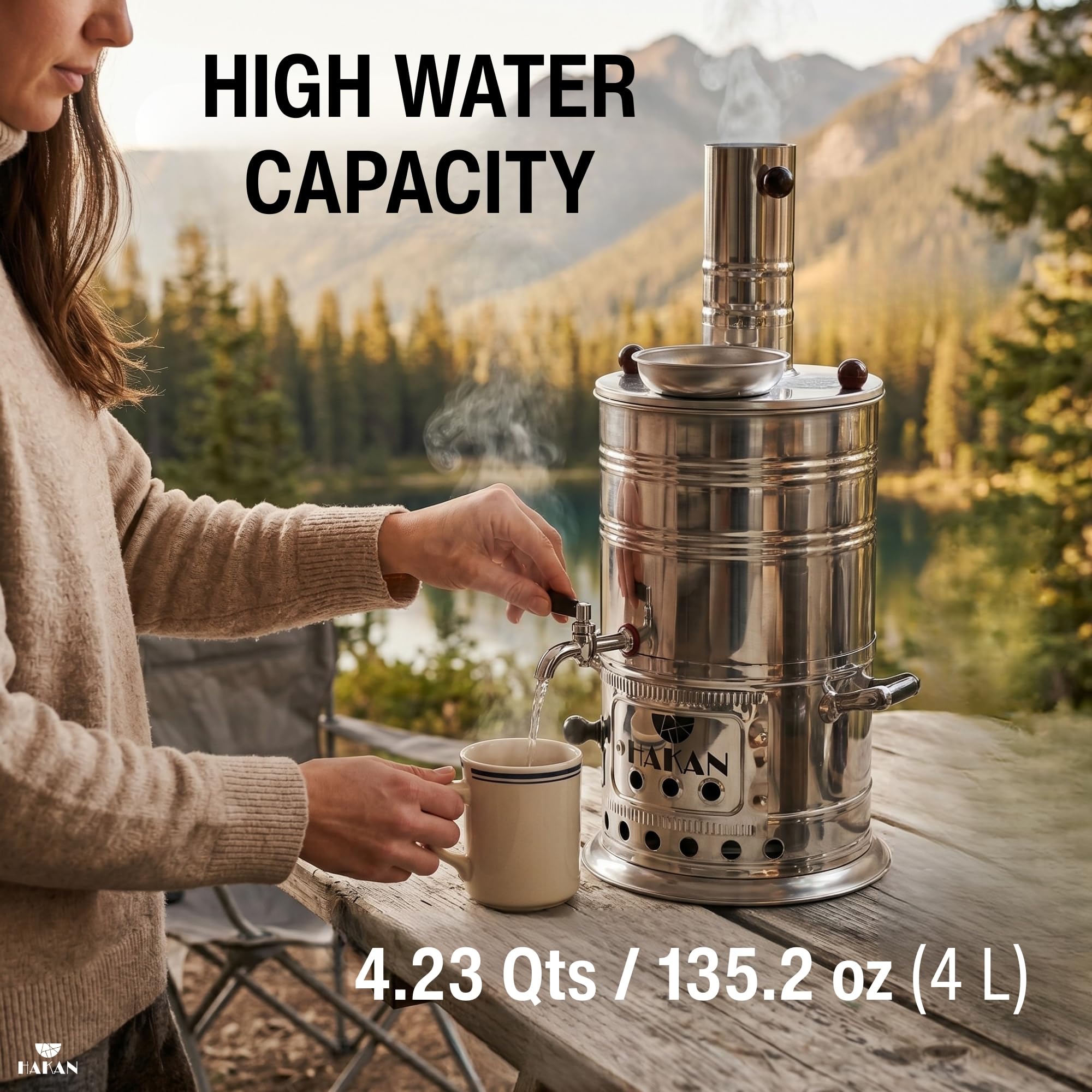 Samovar Bouilloire à thé turque portable camping pour bouilloire à eau et théière au charbon de samovar, pique-nique, chasse, activités de plein air avec poignées noires | 3,8 l