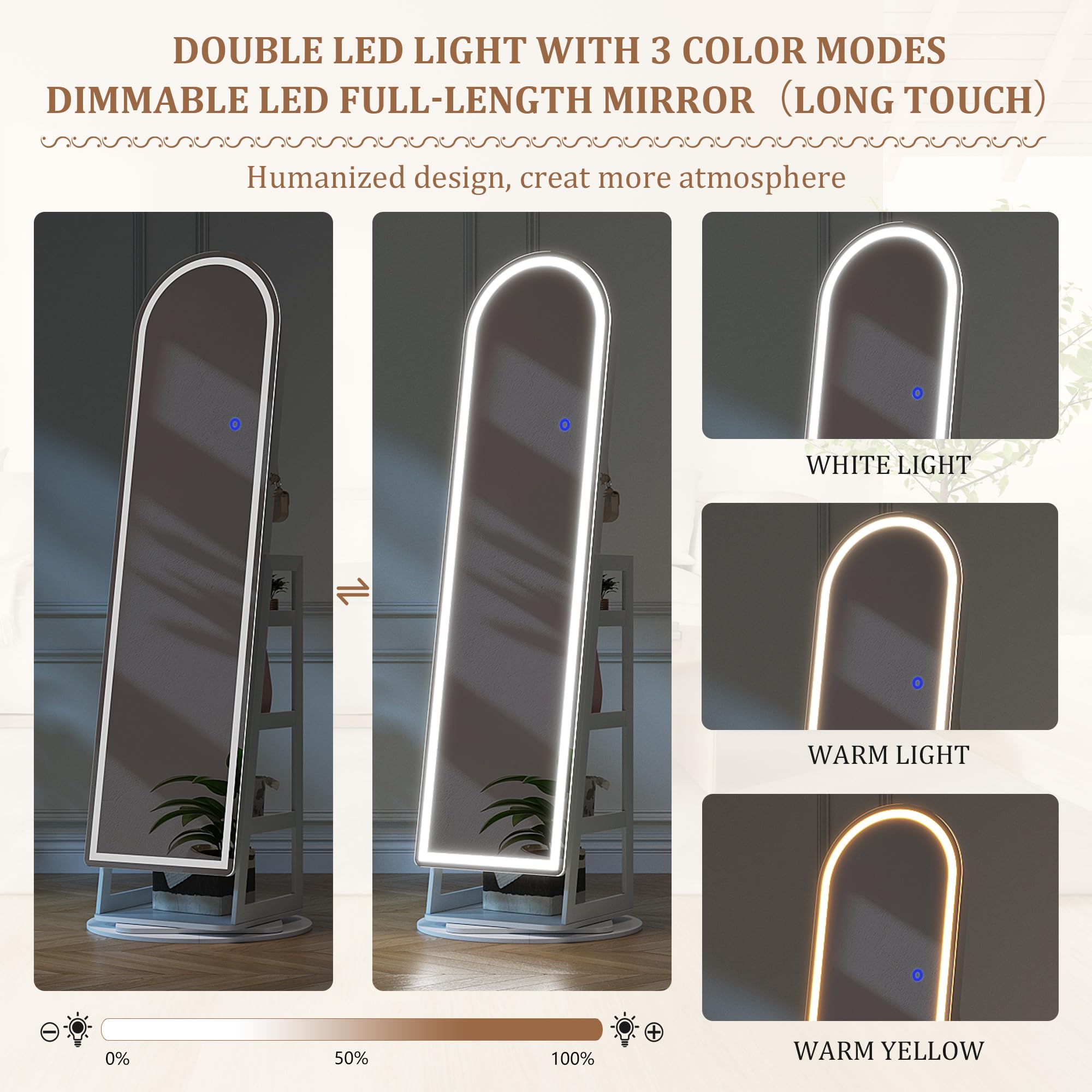 TAGELIER LED Schmuckschrank mit Spiegel, 360° drehbar, Weiß | Bogenförmiger Ganzkörperspiegel mit integrierter LED-Beleuchtung und zusätzlichem Innenspiegel