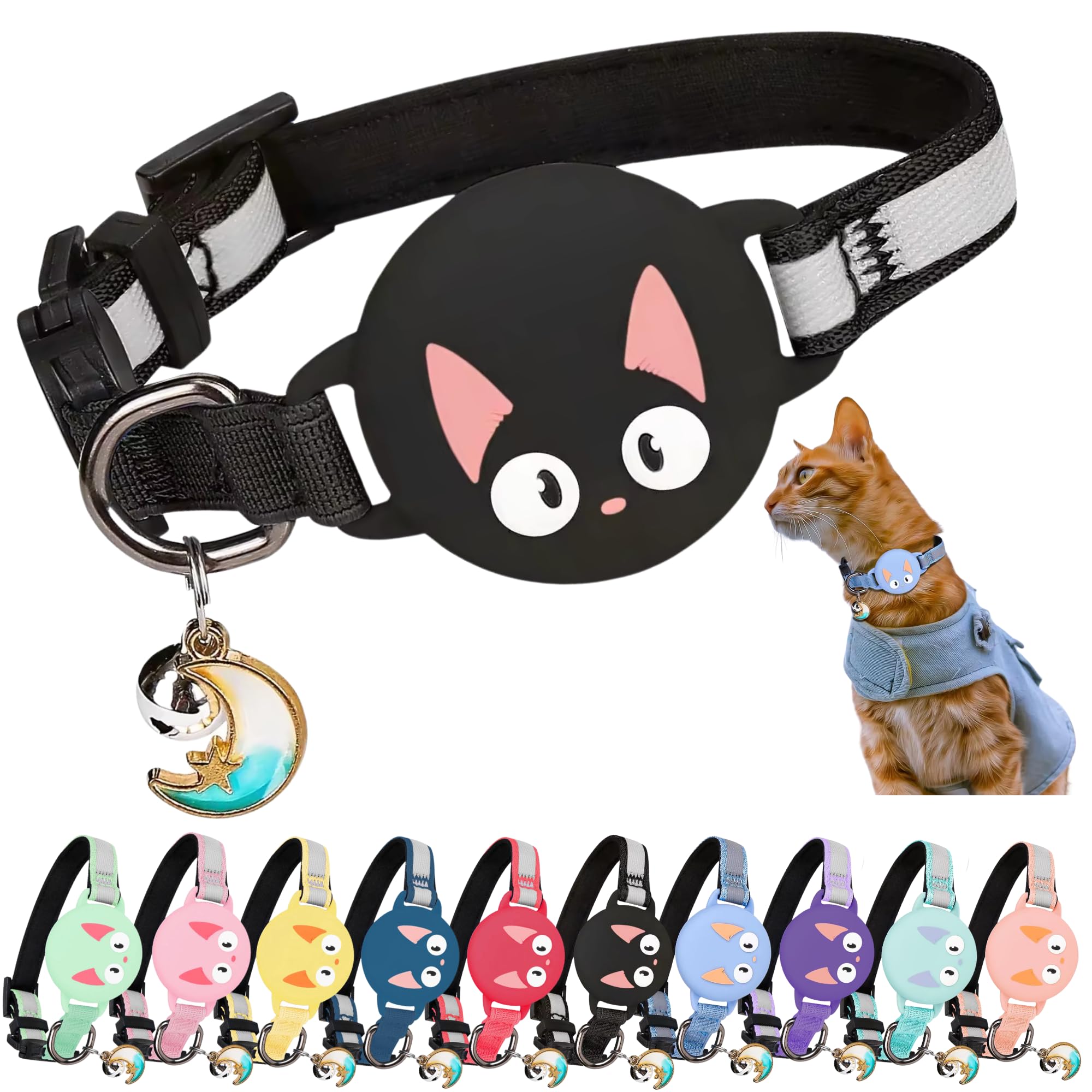 Cat Collar with Accessory Compatible with Apple Airtag, Reflective and Luminous GPS Chat with Anti-Choke, Adjustable, GPS Airtag Not Included