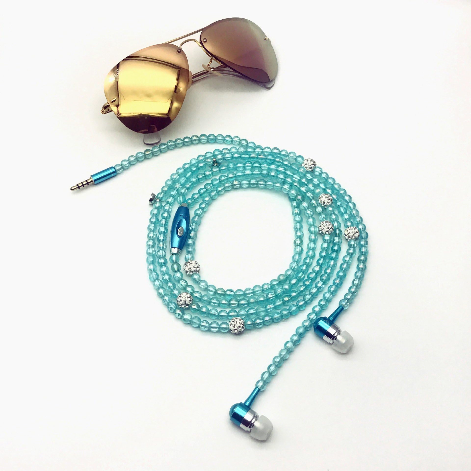 Women Girl Rhinestone Jewelry Design Pearl Necklace Earphones,Super Bass HiFi Wired Earbuds Headphones with Mic Stereo Sound Music Earpiece for iOS and Android Smartphone (Light Blue)