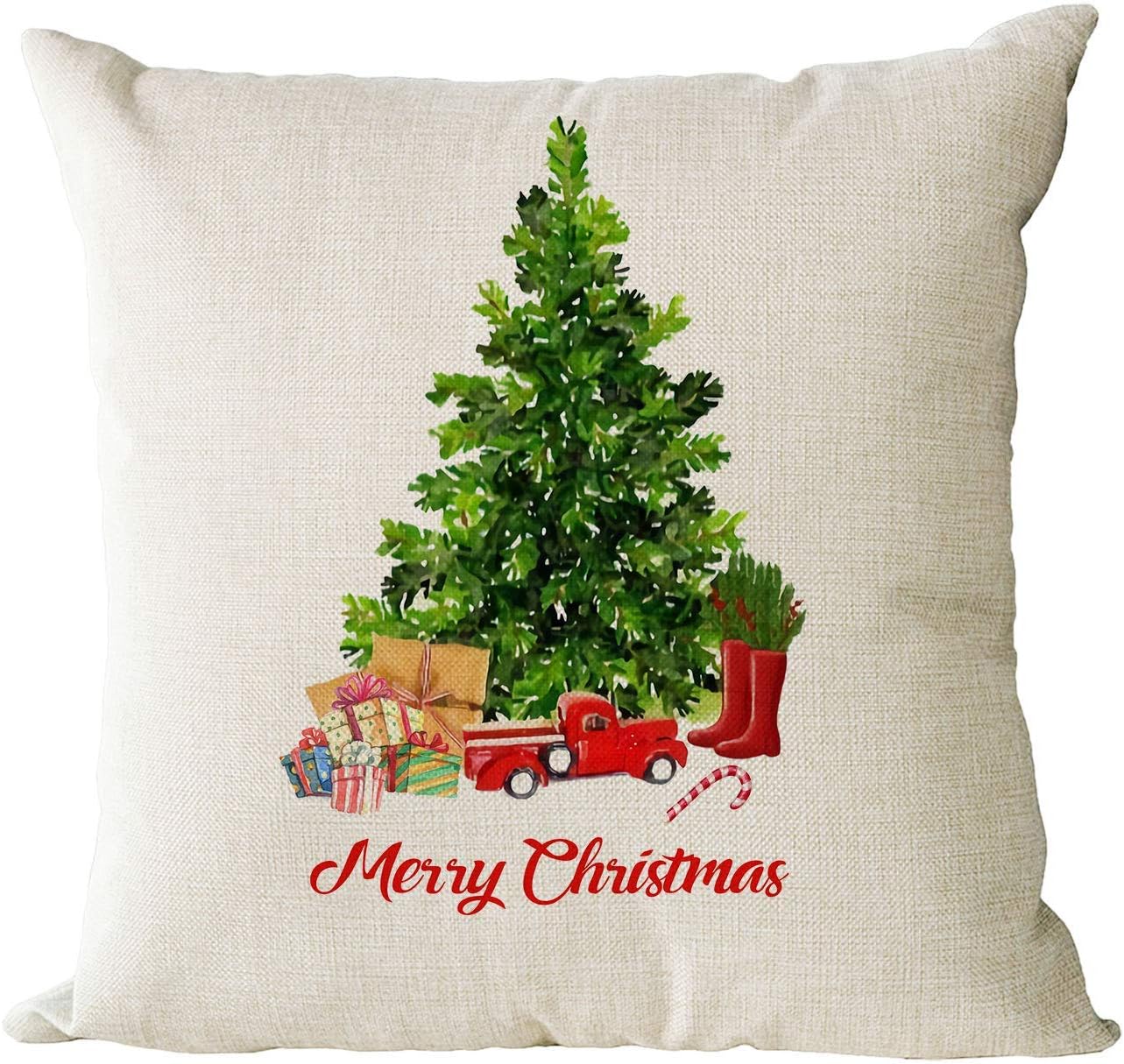 Christmas Decorative Throw Pillow Covers 16x16 Inch Set Of 4 Christmas Holiday Xmas Square Cotton Linen Cushion Covers Santa Clause Red Truck Trees Deer Outdoor Couch Sofa Home Pillow Cases