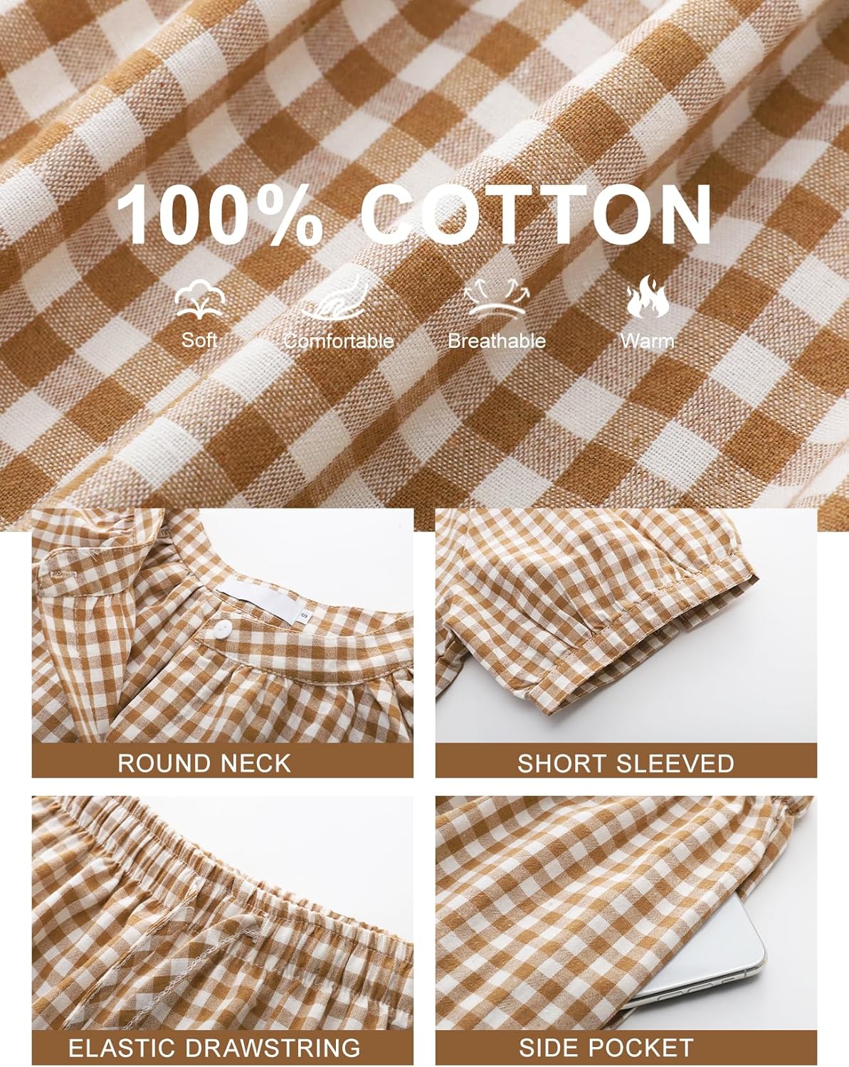 PEHMEA Womens Plaid 2 Piece Cotton Gingham Pajama Sets Short Sleeve Babydoll Shirt Ruffle Pants Y2K Lounge PJS Cute Sleepwear - Image 6