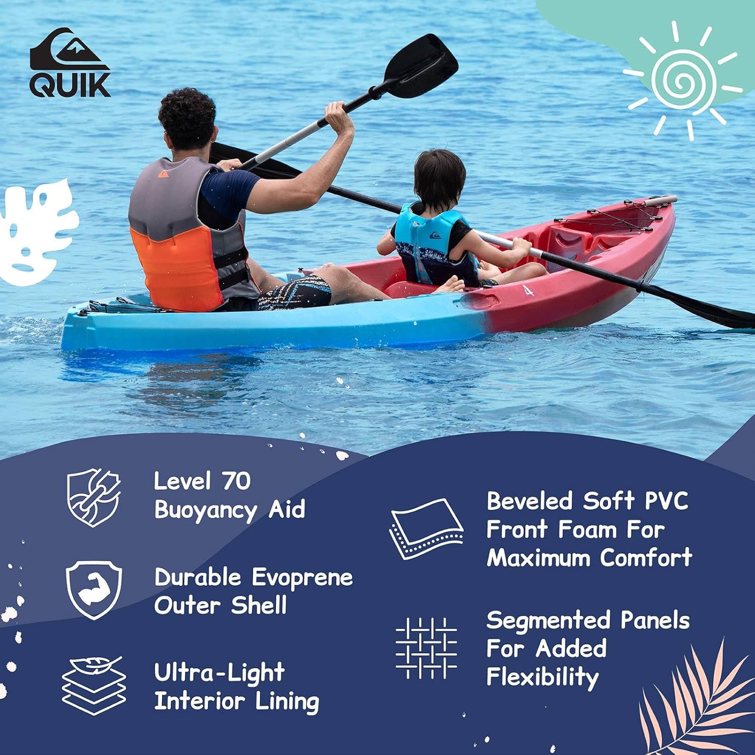 QUIKSILVER Life Jacket for Youth/Kids/Toddler, USCG and Transport Canada Approved Type III PFD, Evoprene UV Resistant Life Vest for Waterskiing, Rafting, Boating Kayaking Paddleboarding Watersports
