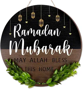 Shellwei Ramadan Door Sign for Front Door, Kareem Hanger Wreaths, Eid Mubarak Wooden Hanging Decor