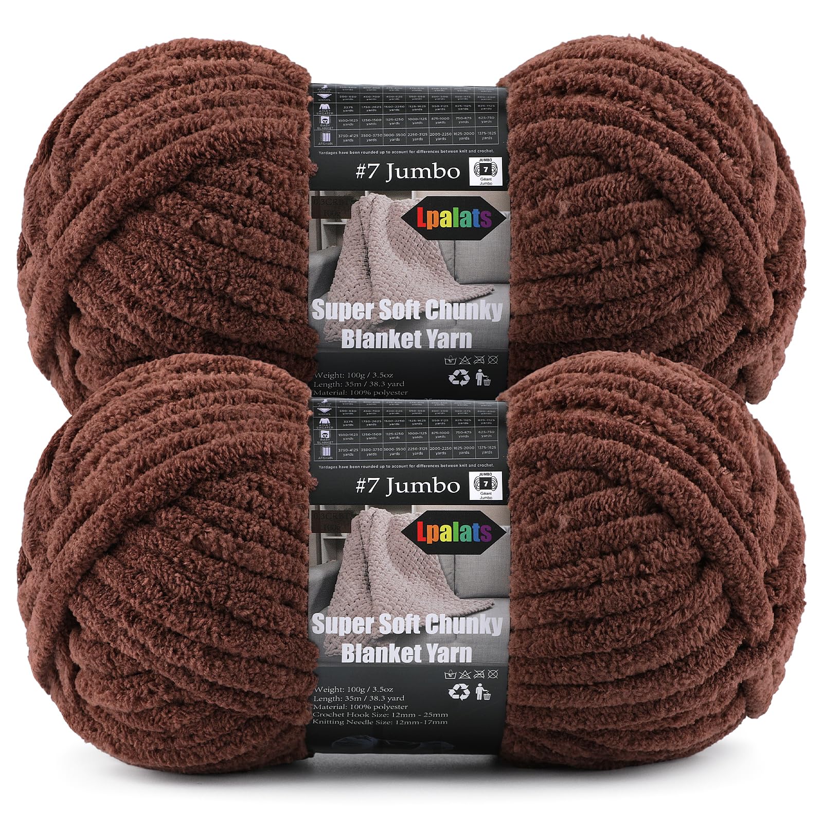 2-Pack Super Soft Chunky Yarn for Crocheting Blankets - 7oz/76.4yd Total, Thick &amp; Plush Chenille Yarn for Quick Baby Projects, Amigurumi, Scarves, Espresso Brown