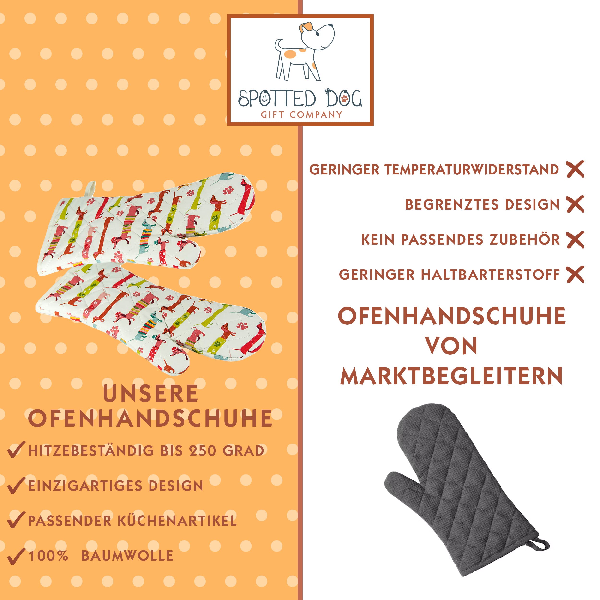 SPOTTED DOG GIFT COMPANY - 2 Set Hitzebeständig Lange Ofenhandschuhe Hitzeresistente Topflappen Backhandschuhe aus Qualitäts Baumwolle mit Süß Dachshund Dackel Hund-Motiv für Hundeliebhaber Geschenk