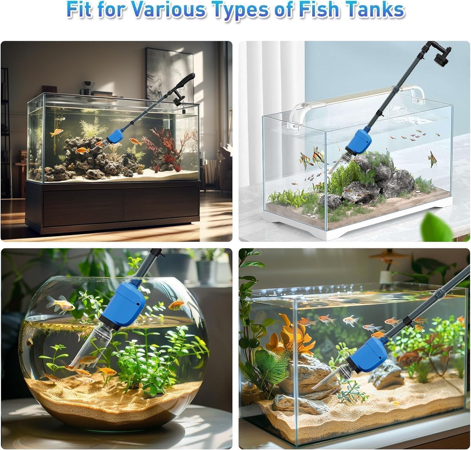 Nettoyeur de gravier électrique pour aquarium, 530 GPH avec changeur d'eau, rondelle de sable, extracteur de débris, pompe silencieuse de 32 W pour aquariums d'eau douce, bleu (bleu)