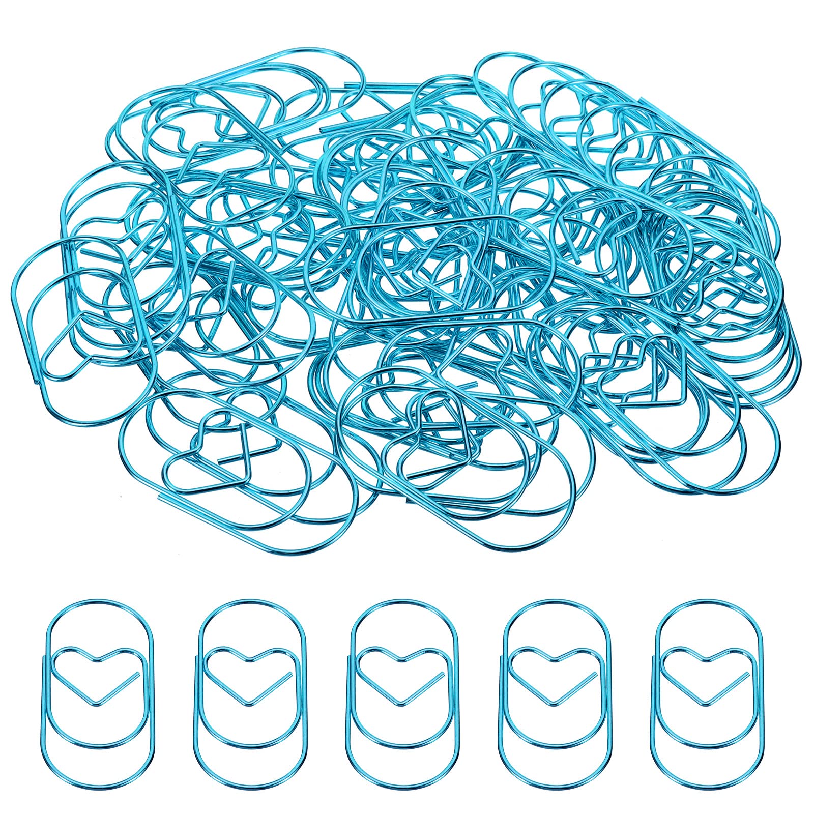 MECCANIXITY Paper Clip Heart-Shaped Cute Decorative Fun Clips Bookmarks 2 Inch Blue for Organize Office Home, Pack of 50